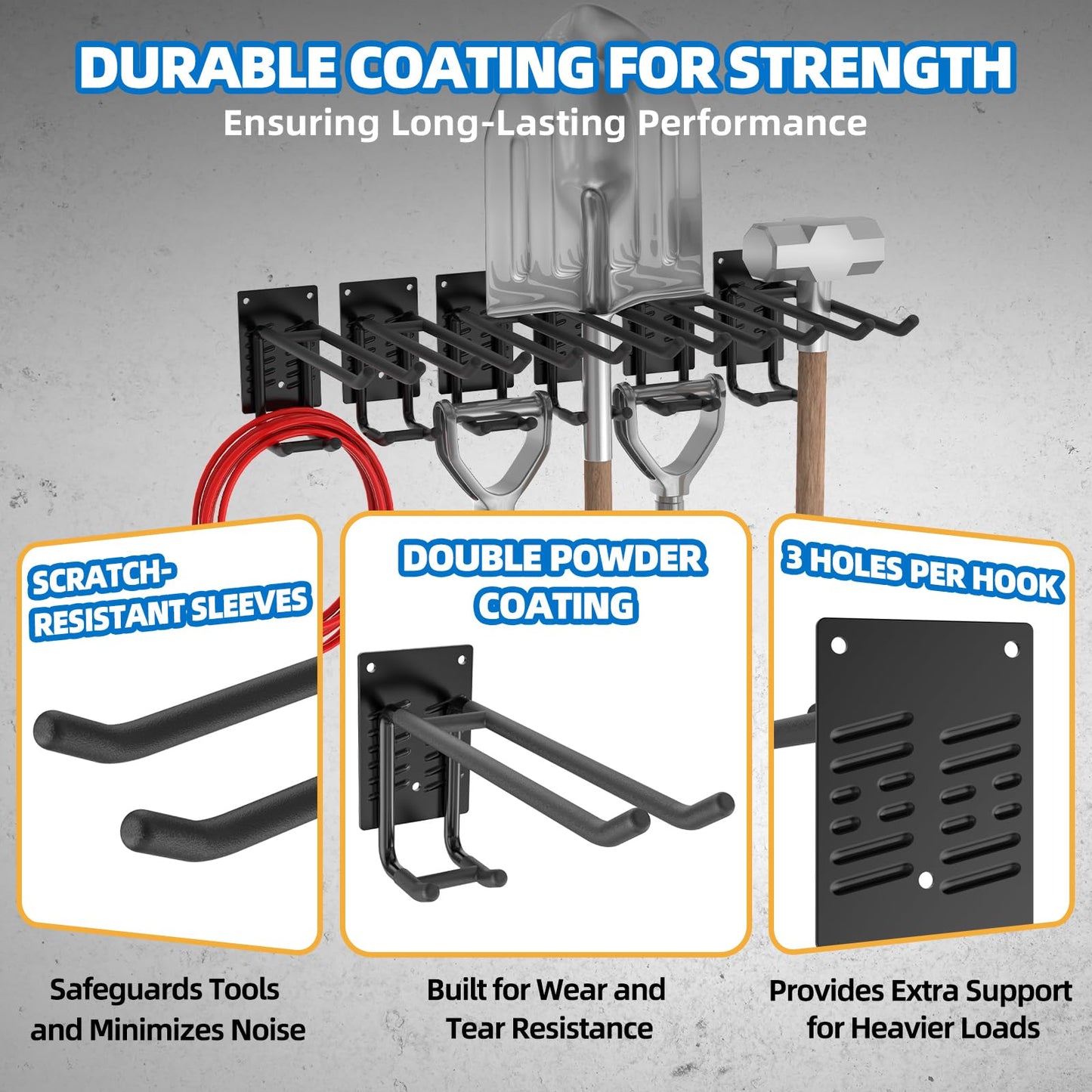 6 Pack Garage Hooks 10 INCH Heavy Duty Two-Tier Steel Shed Wall Mount Workshop Garage Storage Tool Organizer Hooks for Hanging Garden Tool, Hose, Ladder, Chairs, Bikes with Anti-Slip Coating