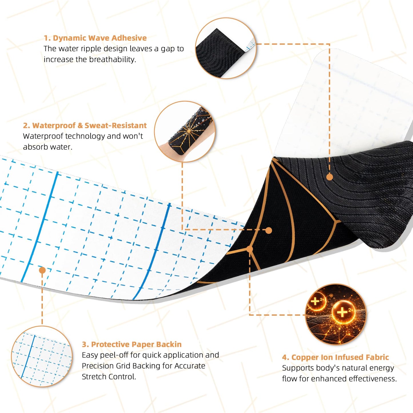 MUEUSS Copper Infused Kinesiology Tape, 40 Precut Strips (2 Rolls), Water Resistant Strips, Original Cotton Elastic Athletic Tape for Sports & Weightlifting, Muscle Strain Relief & Joint Support