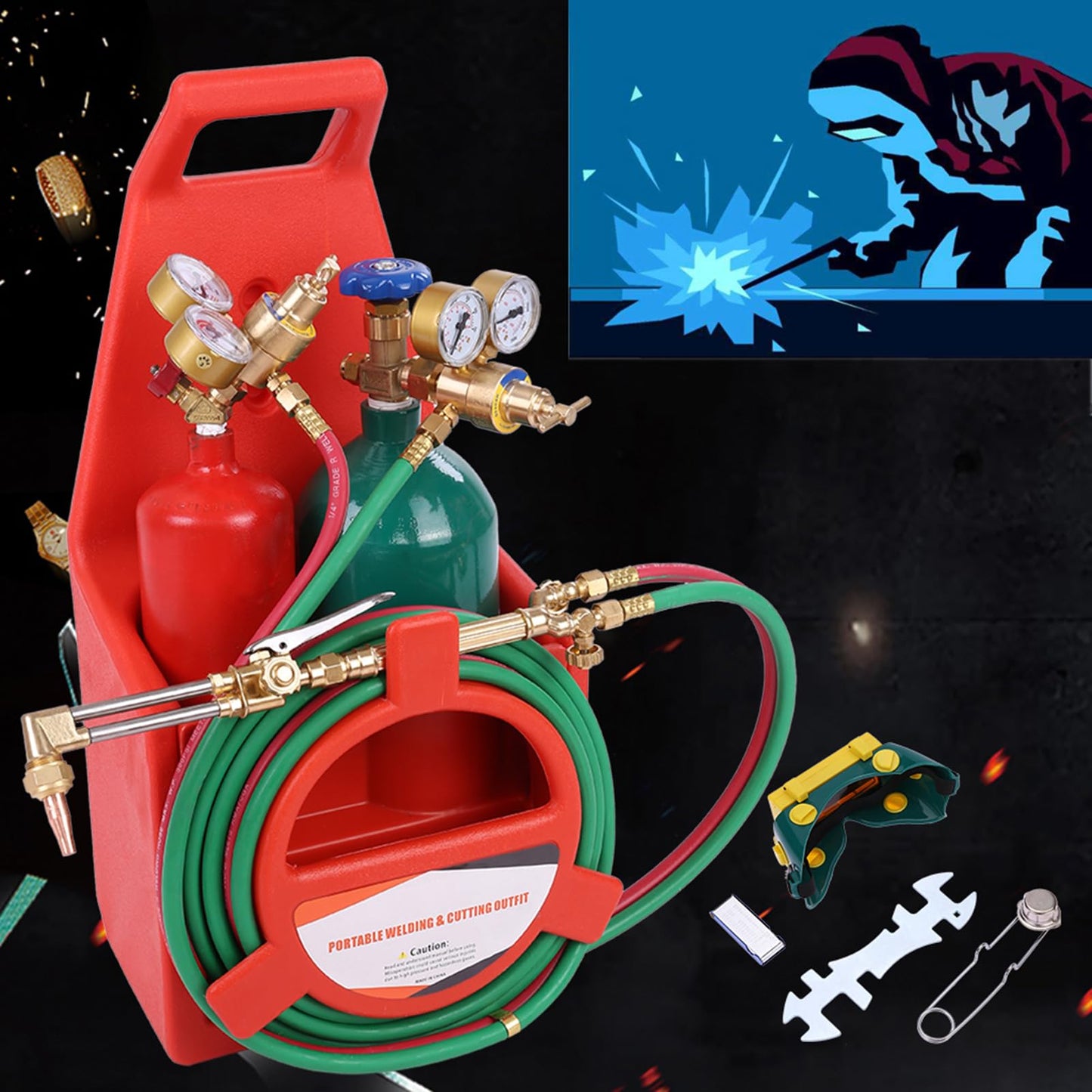 HEVIRGO Welding Brazing Cutting Torch Kit with Oxygen Acetylene Tanks, Professional Portable Tote Oxygen Acetylene Oxy Long Pipe Brass Nozzle Welding Torch Kit with Gauge