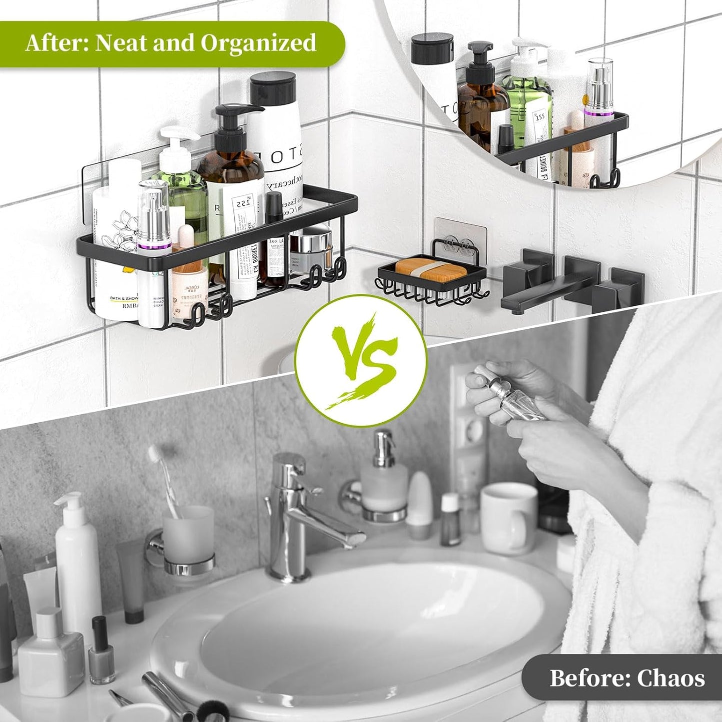 Rustproof Stainless Steel Shower Caddy by [Brand Name] - 5 Pack Adhesive Bathroom Organizers | Large Capacity, No Drilling, Black