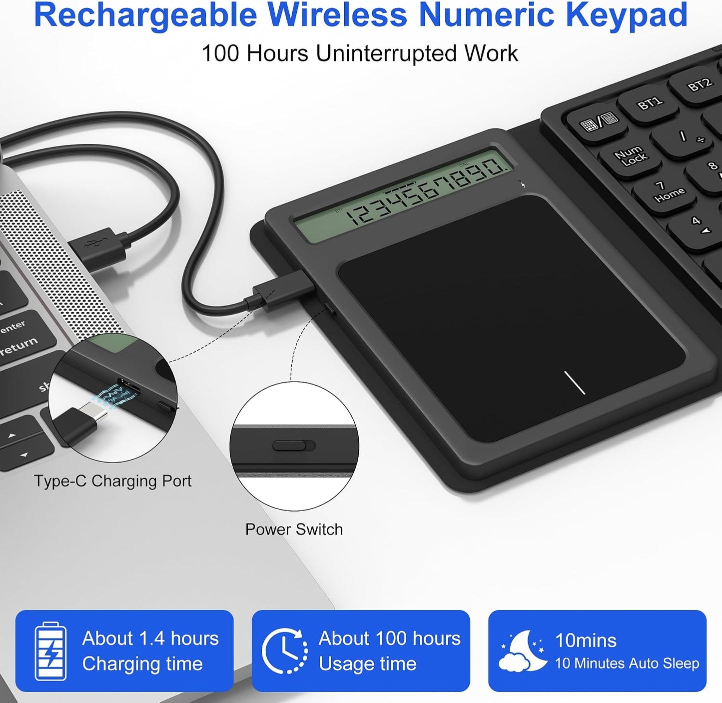 Tioleje 23-Keys, 3 1 Bluetooth Number Pad Touchpad with Calculator - Rechargeable Folding Portable Wireless Numeric