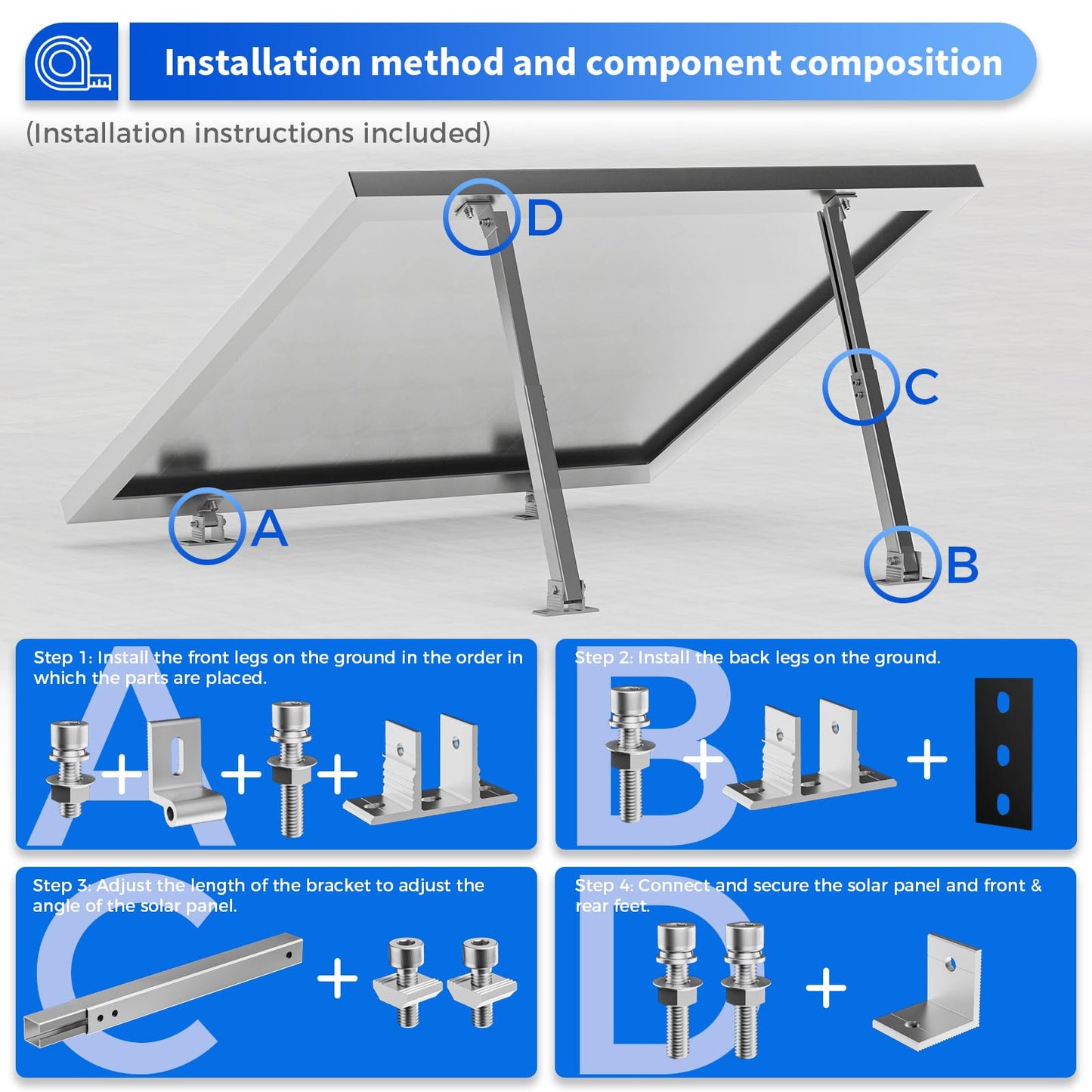 WOEFSTE 2 Set Adjustable Solar Panel Tilt Mount Brackets Aluminum Alloy Mounting Bracket Stand Systems Support 50W 70W 100W 150W 200W 300W 400W Panels for Roof/Boat/Flat Surface
