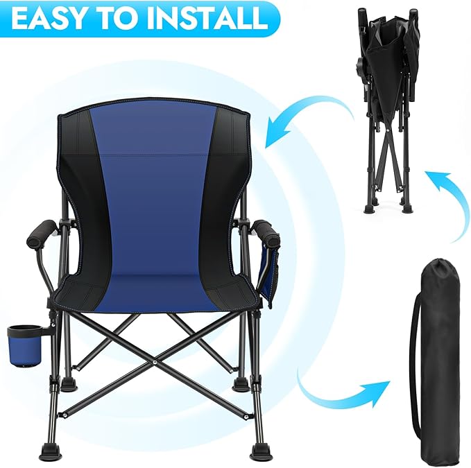 Oversized Folding Camping Chair for Adults, Supports 450 LBS Camping Chairs, Heavy Duty Camping Chair with Side Pockets, Foldable Outdoor Chair for Camping, Beach, Fishing, Hiking, Blue-Black