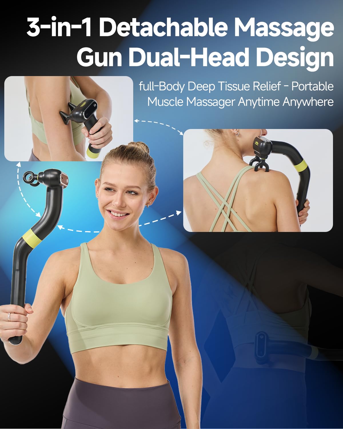 3-in-1 Detachable Massage Gun Deep Tissue, Ergonomic Extension Back Massager For Pain Relief, Portable Percussion Handheld Massager For Back, Shoulder, Leg, Gifts For Women Men, FSA-HSA Eligible