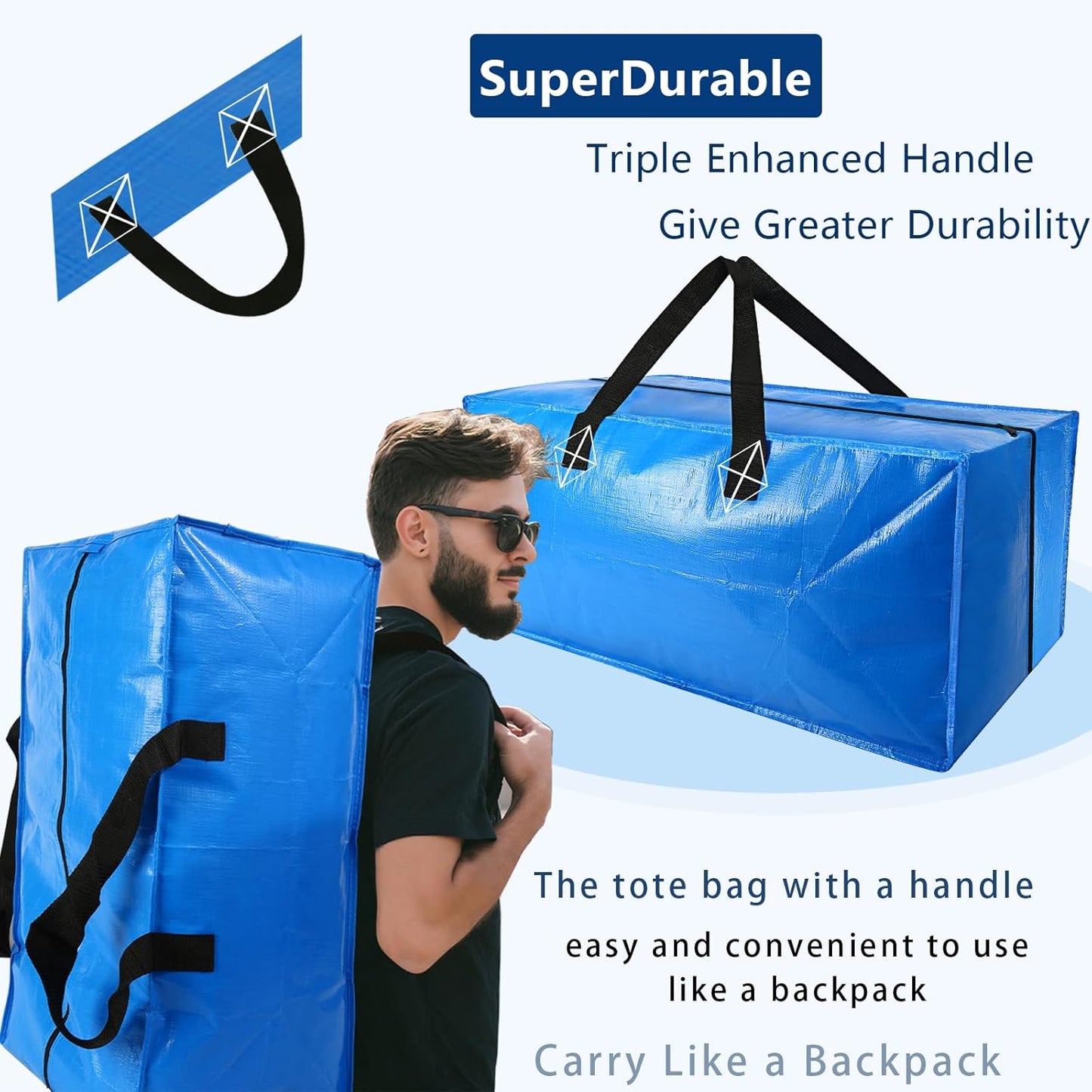 Skiennix 4 Pack Heavy Duty Extra Large Moving Bags - Strong Handles & Backpack Straps - Blue Storage Solution