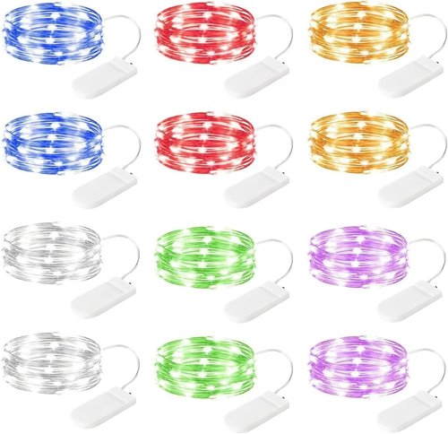Brightown 12-Pack LED Fairy Lights - Waterproof Battery-Operated Silver Wire String Lights | 7 Feet, Multi-Color