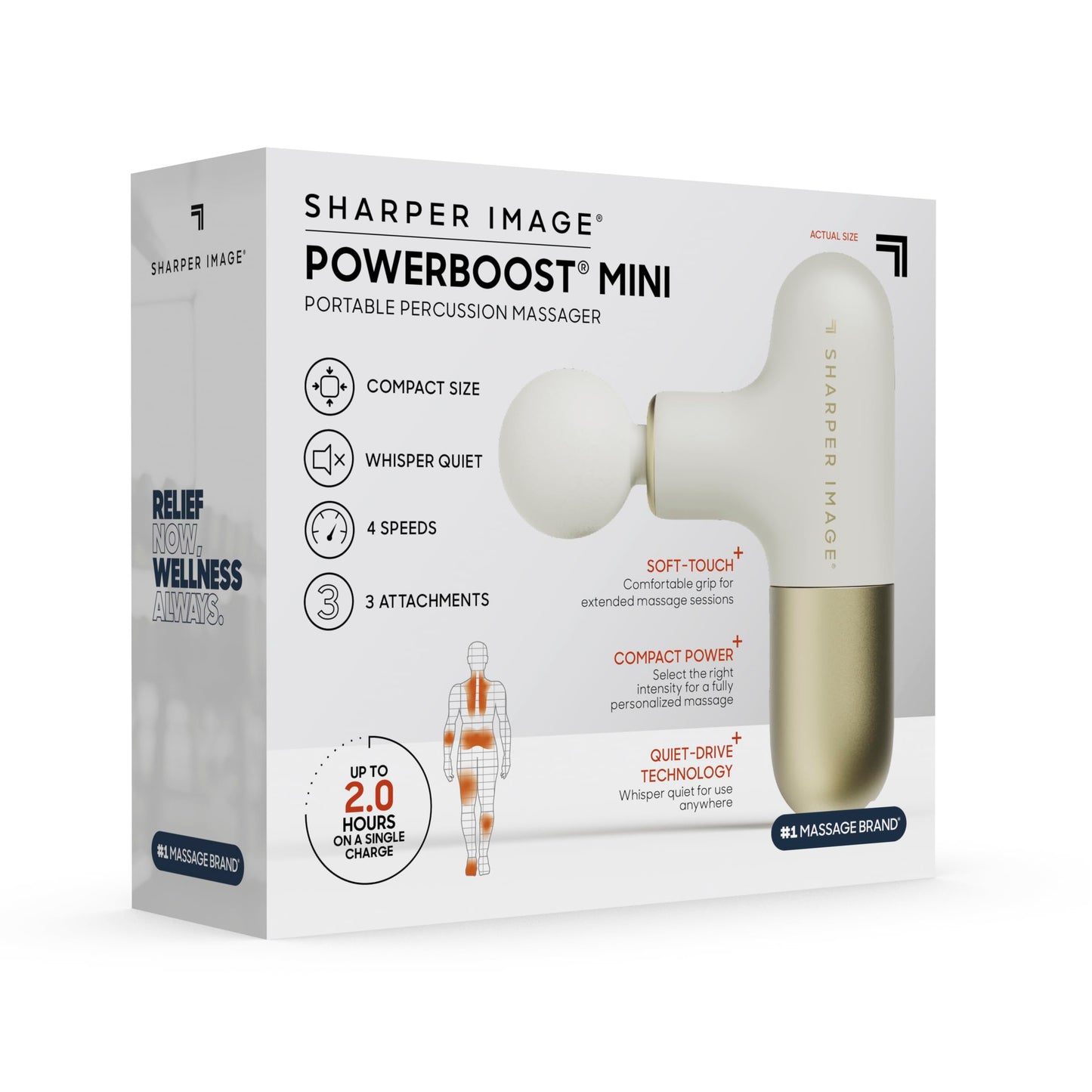 Sharper Image PowerBoost Mini Massage Gun - Portable Deep Tissue Percussion Massager | Muscle Recovery & Pain Relief | Quiet Cordless Handheld Massage Tool | Powerful & Compact| 4 Speeds| Travel Pouch