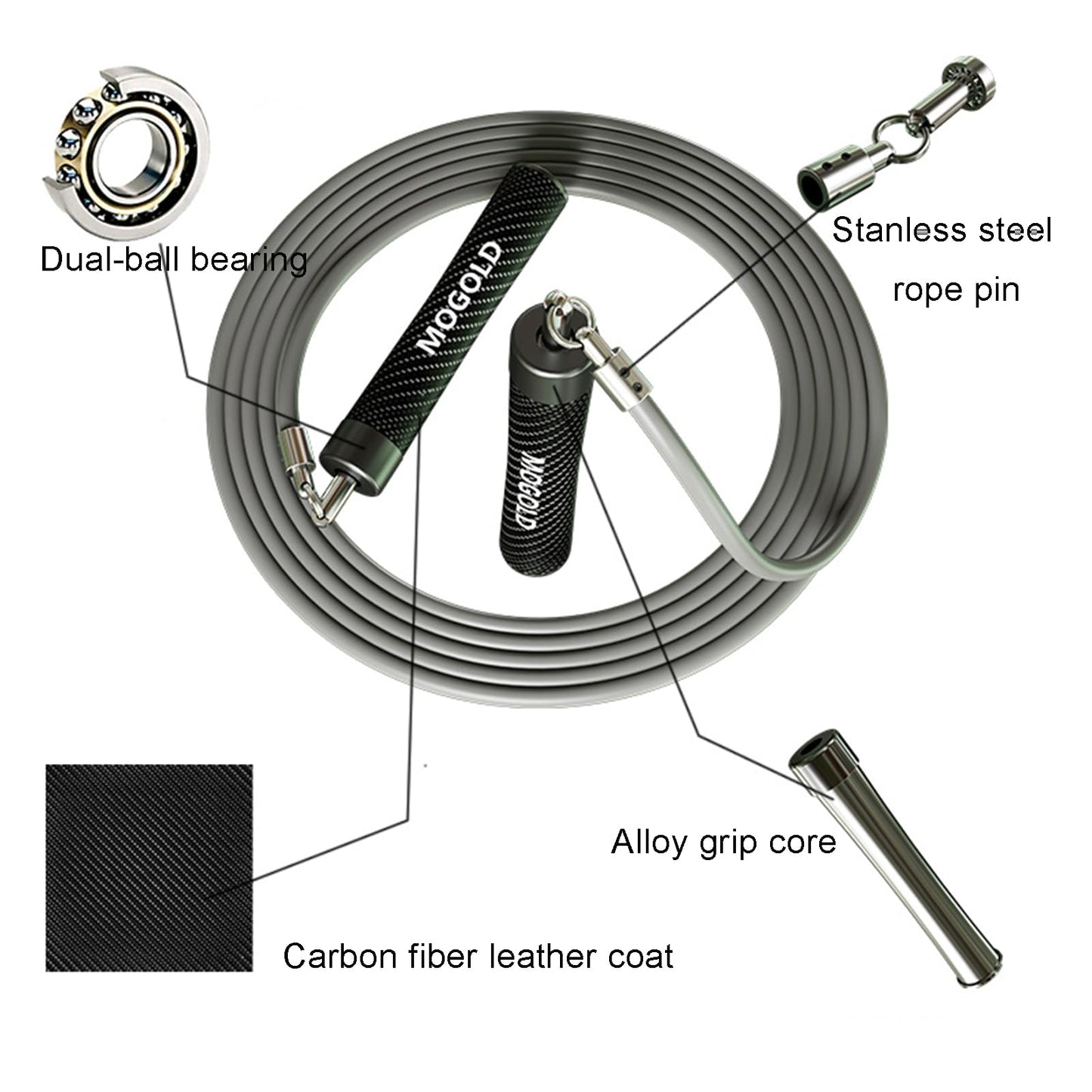 MOGOLD 1LB Weighted Jump Ropes for Fitness Men/Women with Heavy-Duty PVC Wire Cable & Durable Leather Skipping Rope Handles, Best for Fitness, High-Intensity Strength Workouts (Grey, XL - 9'6(User Height 6'0 +))