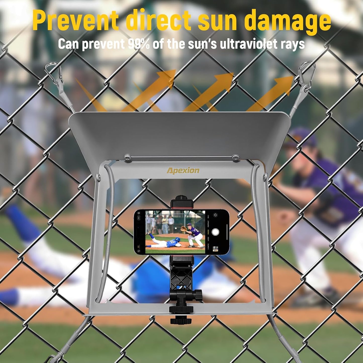 Apexion Baseball Training Equipment, Phone Stabilizer, Game Changer Fence Mount, Universal with Sunshade, Streaming