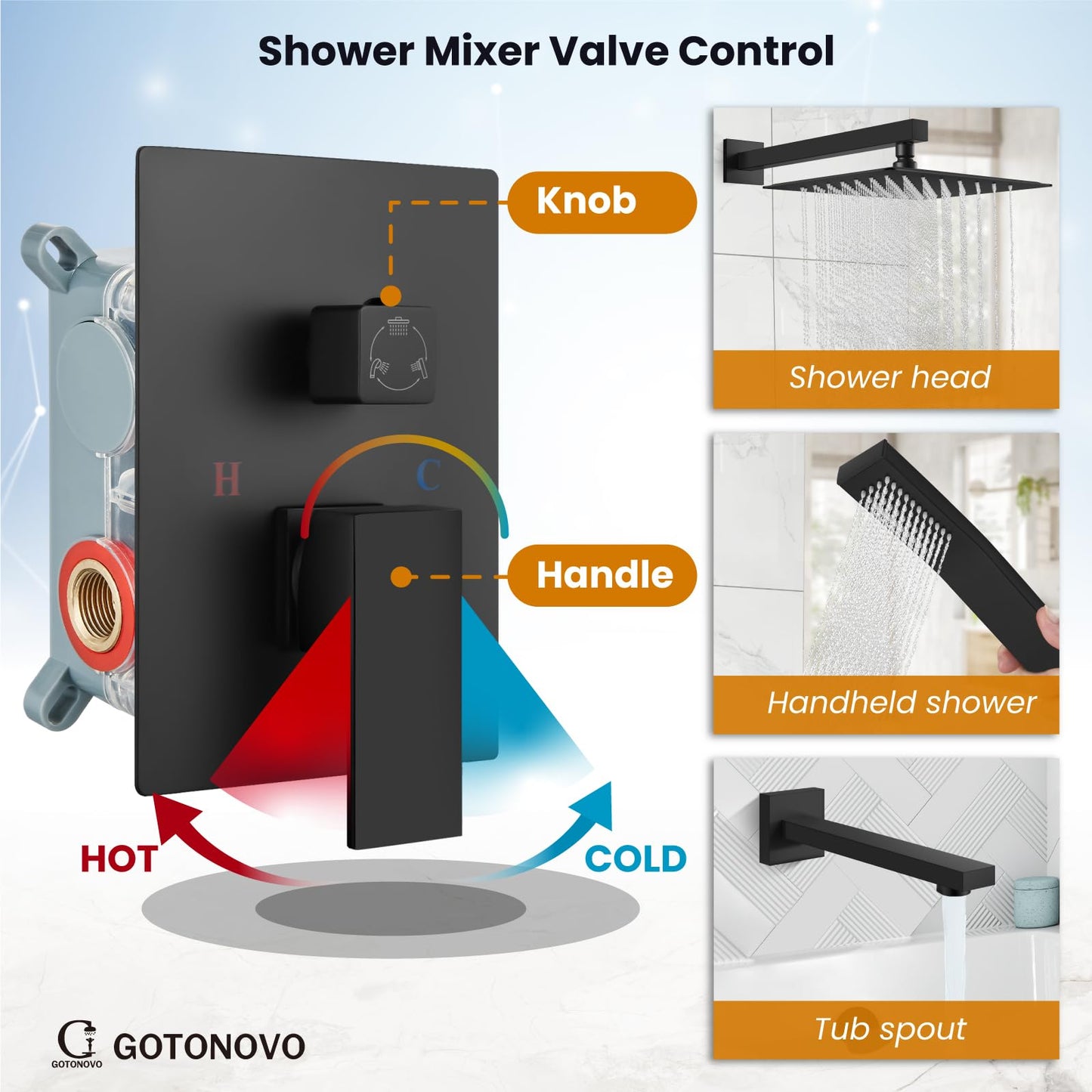 gotonovo Shower System with Tub Spout Wall Mounted Rain Shower Head and Handle Combo Shower Faucet Set with Valve, 10 Inch, Matte Black