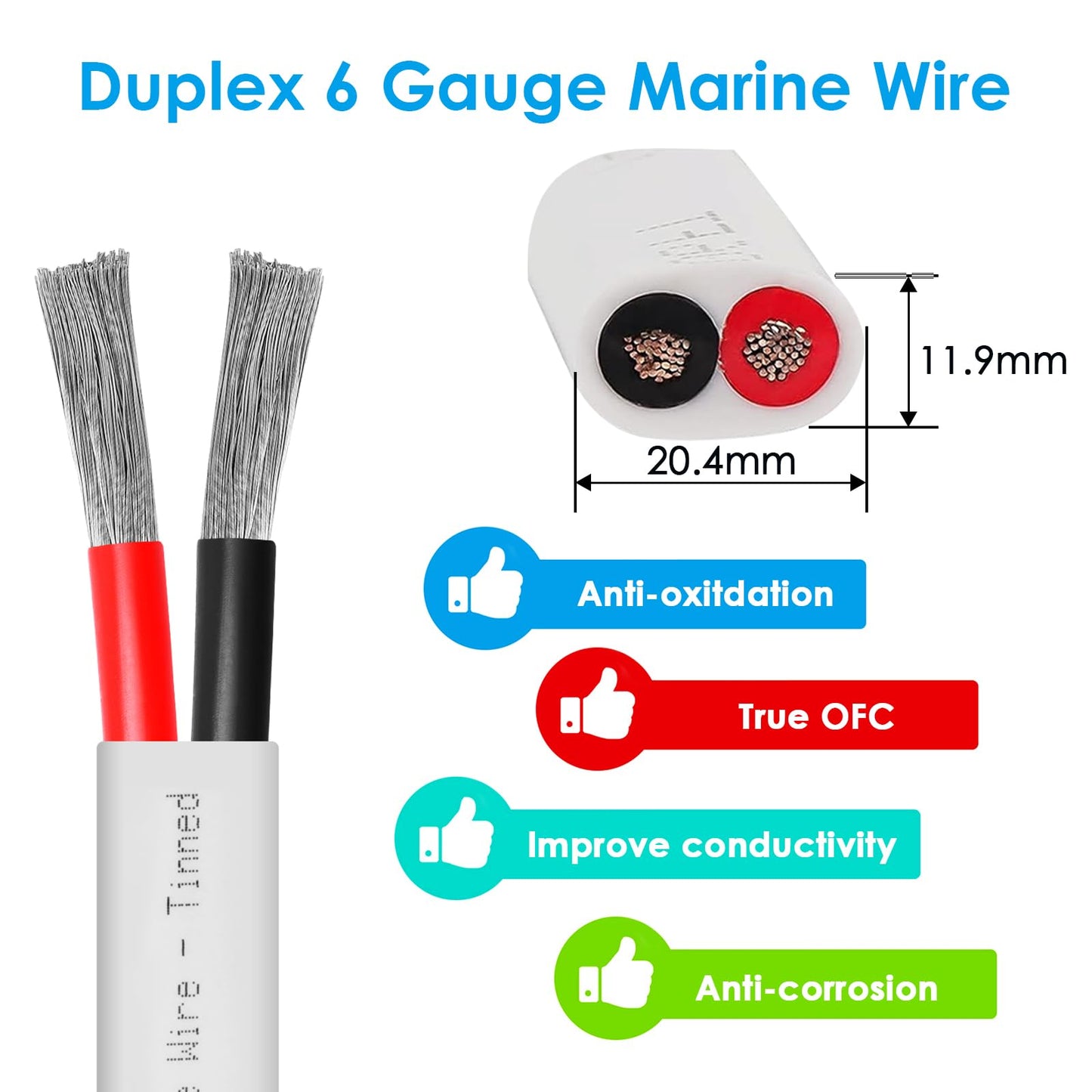 Kimbluth 6 Gauge Duplex Marine Wire Tinned Copper Boat Cable, 40ft 6 AWG Standard USA OFC Oxygen Free Copper Wire for Automotive Boat Speakers Solar Outdoors