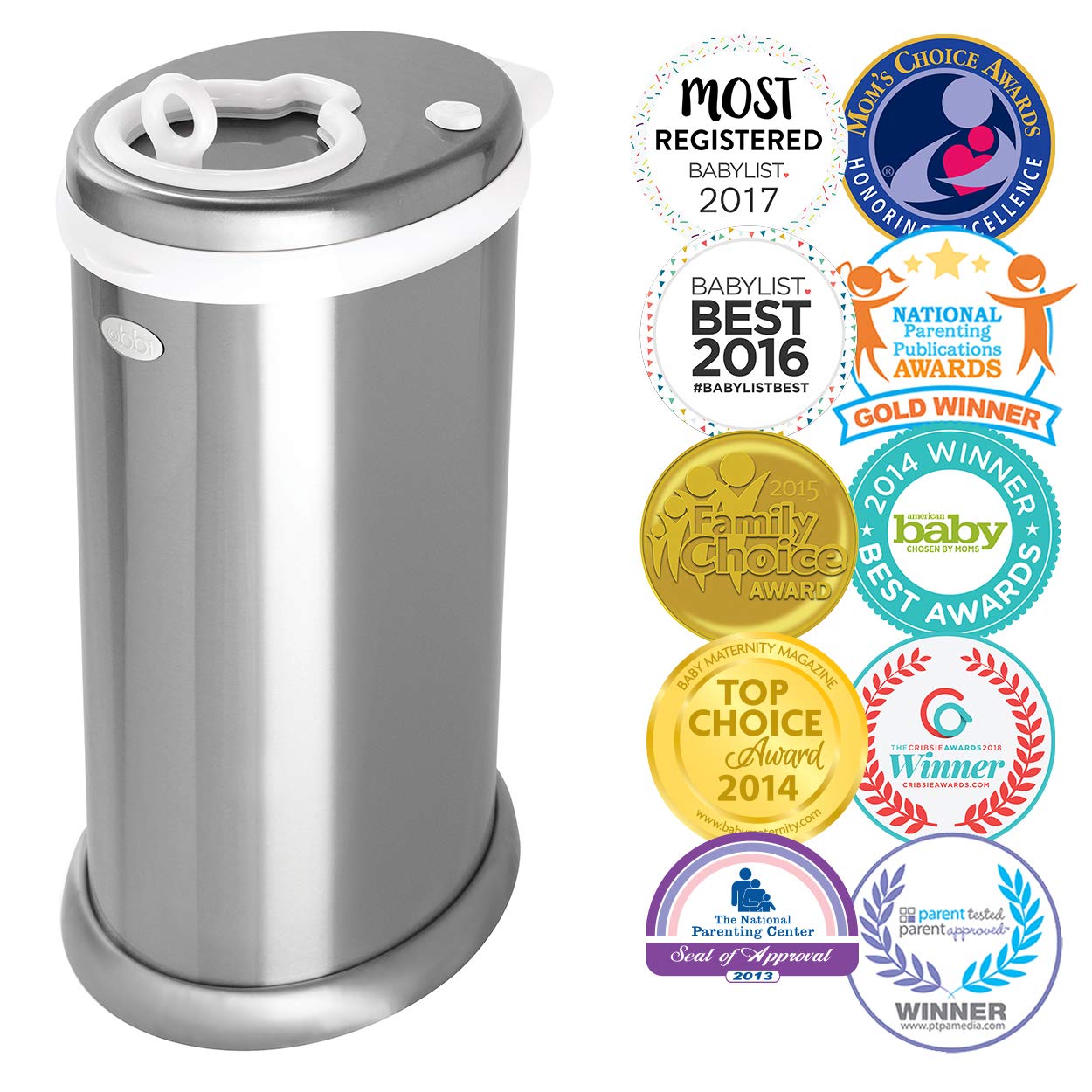 Ubbi Steel Diaper Pail - Odor Locking Design, No Special Bag Needed | Award-Winning Chrome Finish