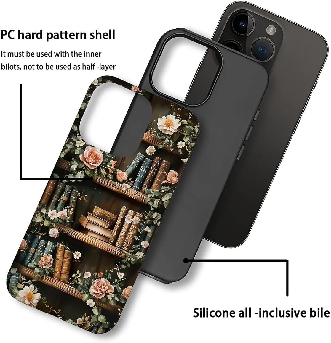 Akinmi 16 16 Case for iPhone Pro,Vintage Flowers Entwined Bookshelf Exquisitely Pattern Double Protective Phone Cover