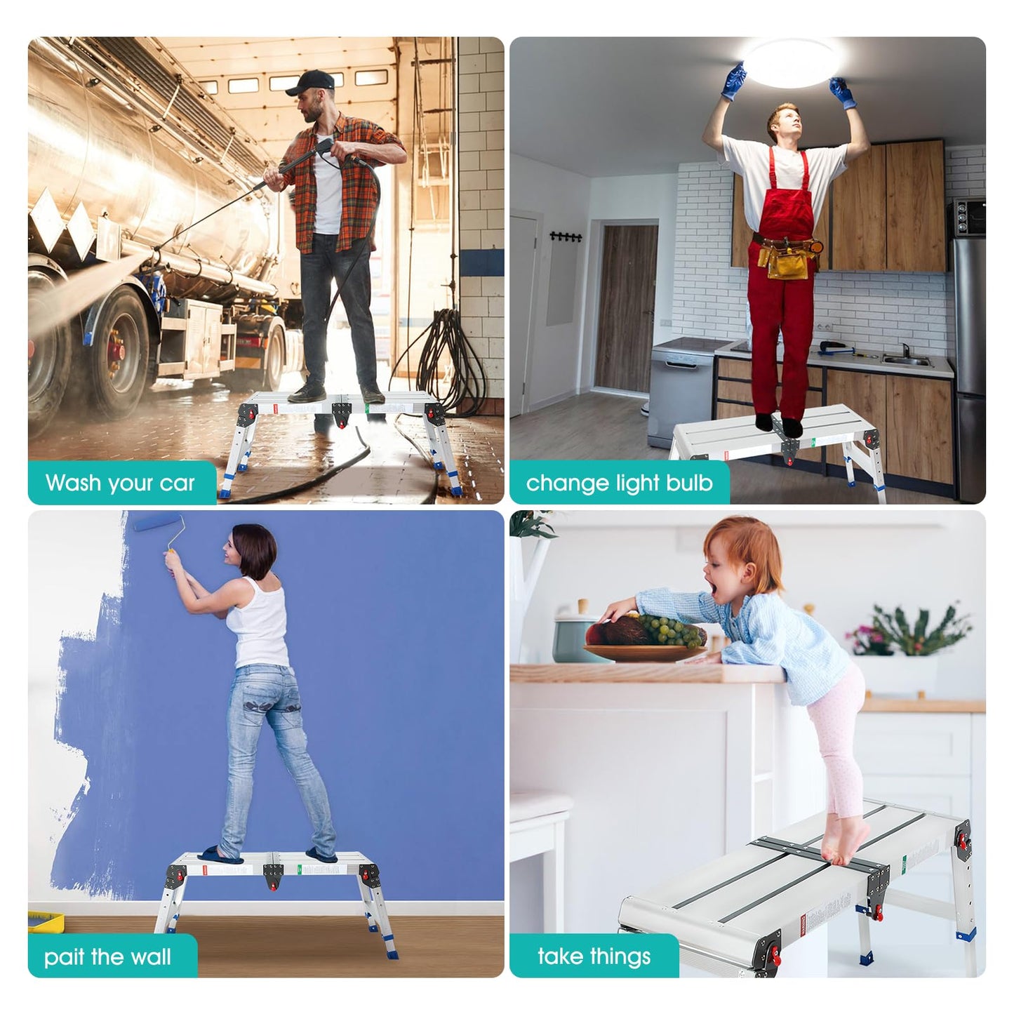 LEADALLWAY Portable Work Platform Height Adjustment 33"(L) x12(W) x20(H) Foldable Step Stool Aluminum Platform Ladder with One-Touch Automatic Fold 330 Lbs Capacity