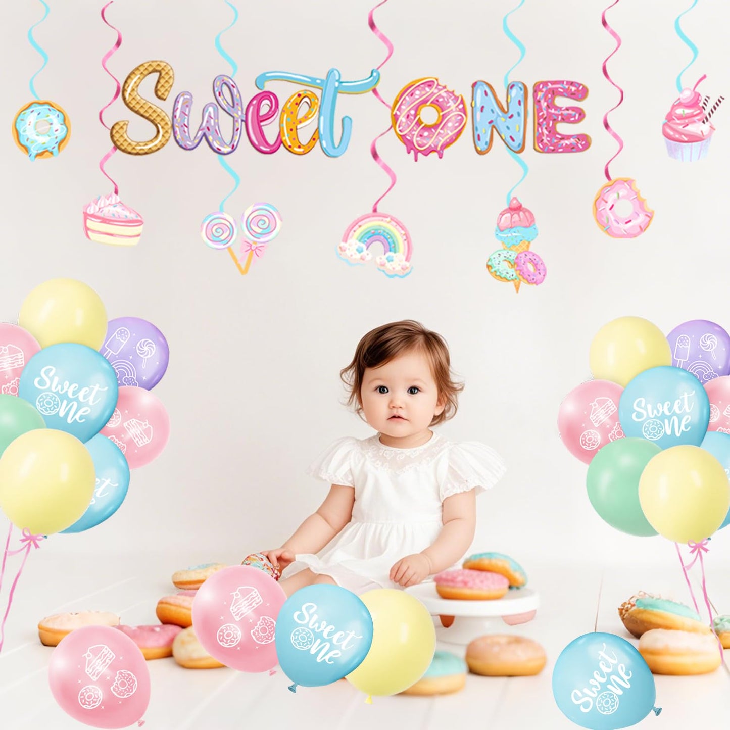 Sweet One Birthday Party Decorations Includes Plates, Napkins, Cups, Cutlery, Cake & Cupcake Toppers, Banner, Hanging Swirls, Tablecloth, Balloons for Girl Donut First Birthday Decorations, Serve 24