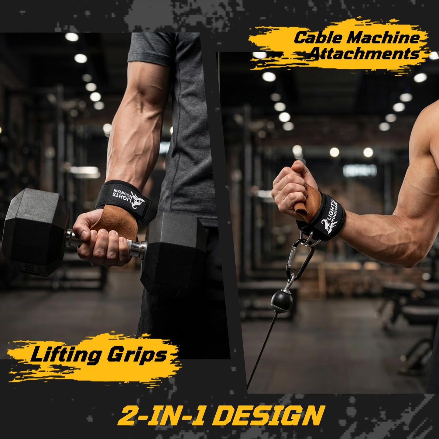 Lights Mountain Weight Lifting Straps with D Rings, Leather Palm Grip, 7mm Wrist Support Padding, Adjustable Fit for Cable Machines & Free Weights