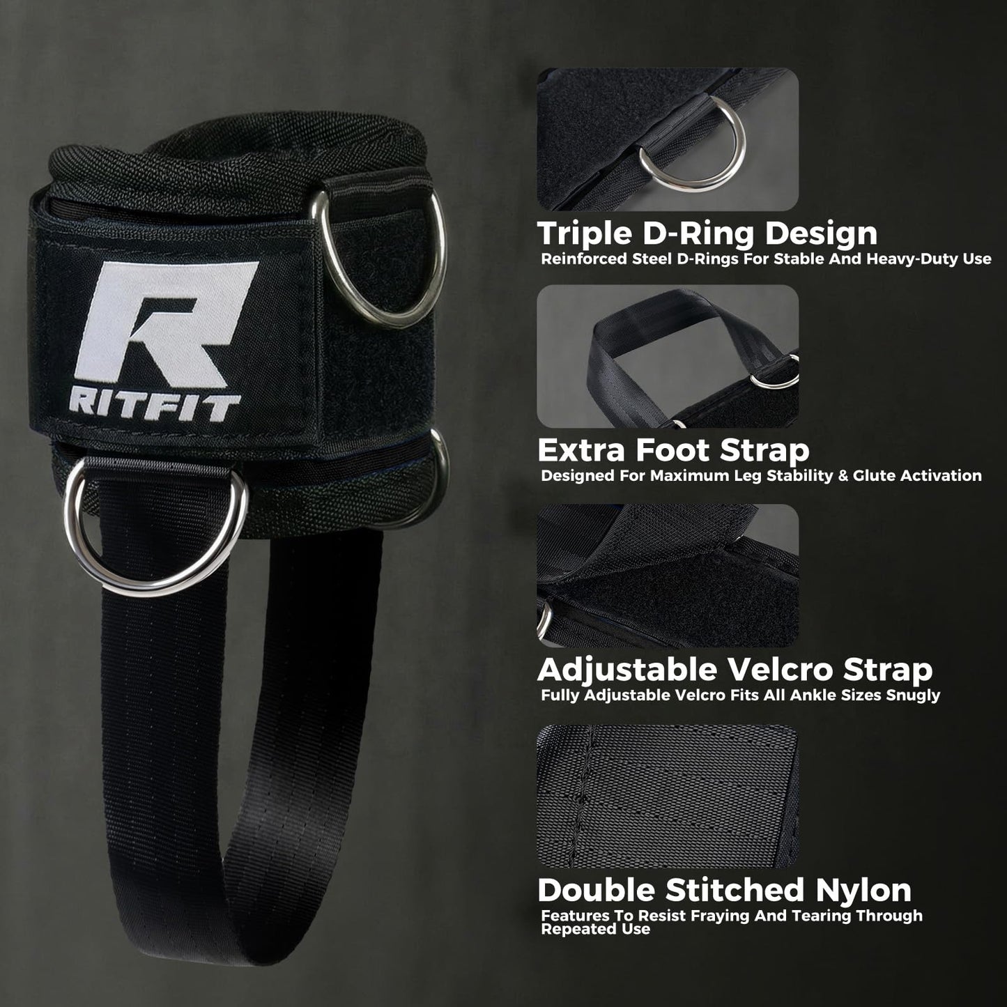RitFit Kickback Ankle Straps Padded Ankle Strap for Cable Machine,Strong Hook and Loop,Reinforced 3 D-Ring, Adjustable Comfort fit Neoprene - Premium Ankle Cuffs to Enhance Abs, Glute & Leg Workouts
