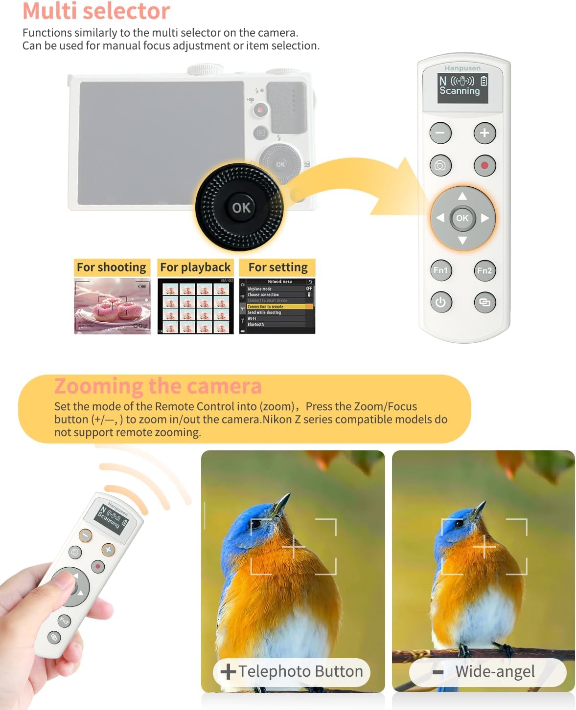Hanpusen Z6lll, Z30, Z50, Z50ll, Zf,Z6II,Z7II,B600,P1000,P950Replaces ML-L7 Rechargeable Camera Remote Control