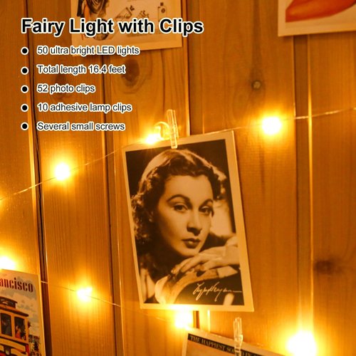 HXWEIYE 50LED Photo String Lights - Warm White 16.4Ft Battery-Powered Fairy Lights with 52 Clips & 10 Hooks for Pictures, Dorms, Parties