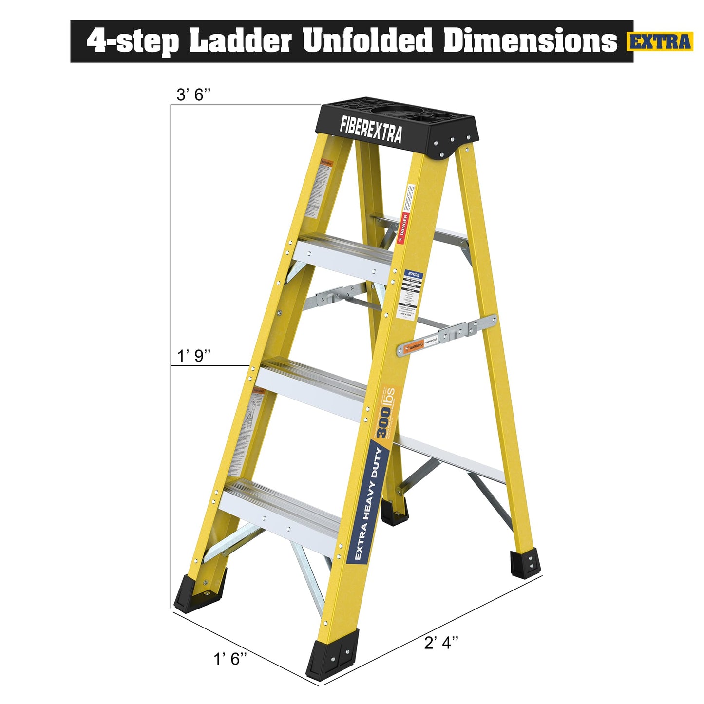 4-Step Fiberglass Step Ladder, 300 lbs Load Capacity, Non-Conductive A-Frame Ladder with Tool Tray, Foldable Single-Sided Stepladder for Home, Garage, Office and Shop