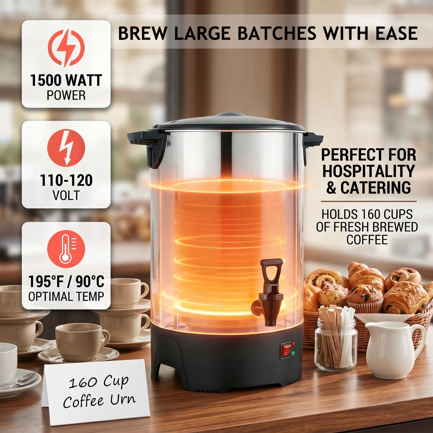 Large Commercial Coffee Urn 160 Cup Percolate Coffee Maker Stainless Steel Hot Beverage Dispenser with Cool-Touch Handles, Quick Brewing for Catering, Business, Church, Restaurant, Wedding, Gathering