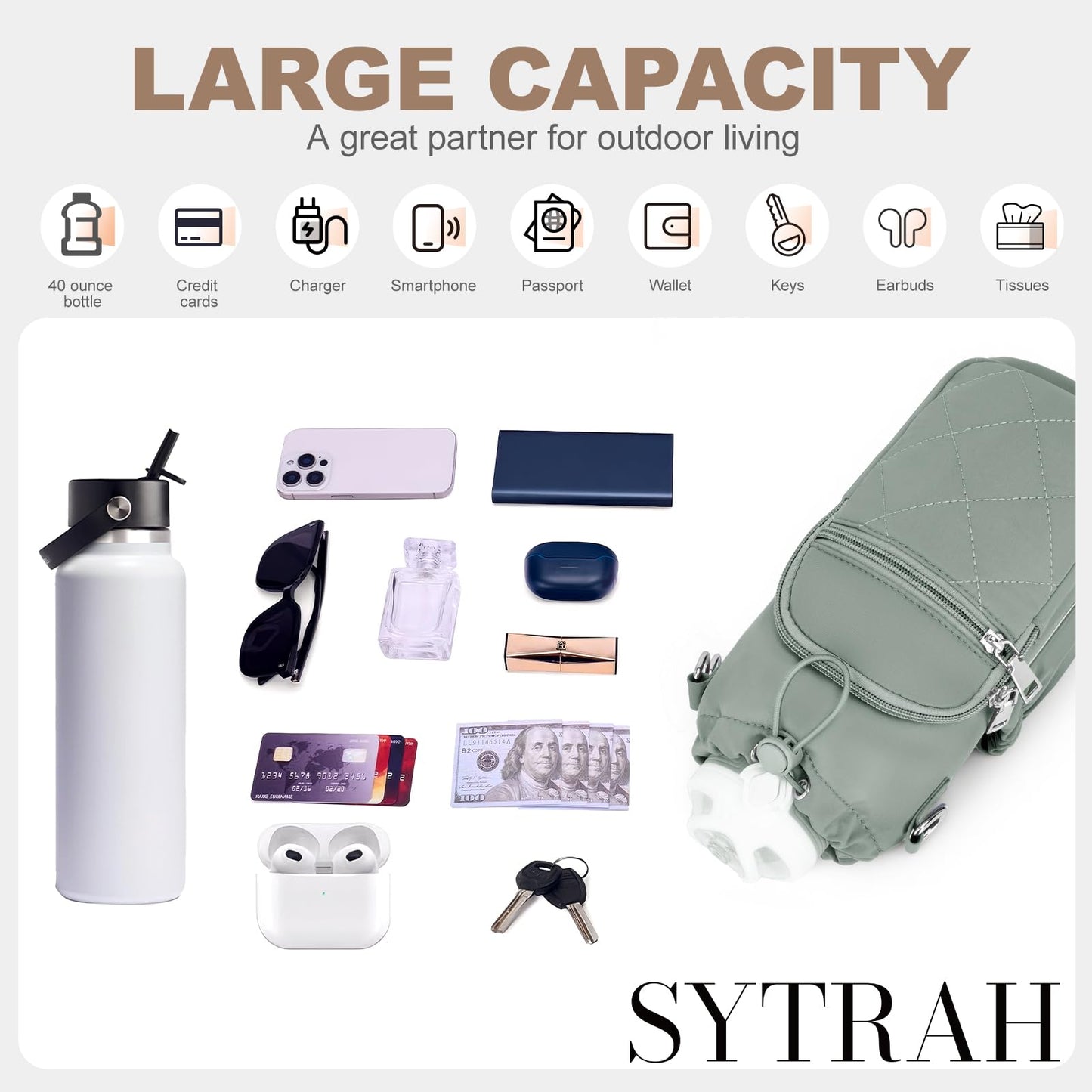 SYTRAH Water Bottle Carrier Bag with Strap, Water Bottle Purse with Phone Pocket 40oz, Insulated Crossbody Bags for Walking Hiking Antique Green