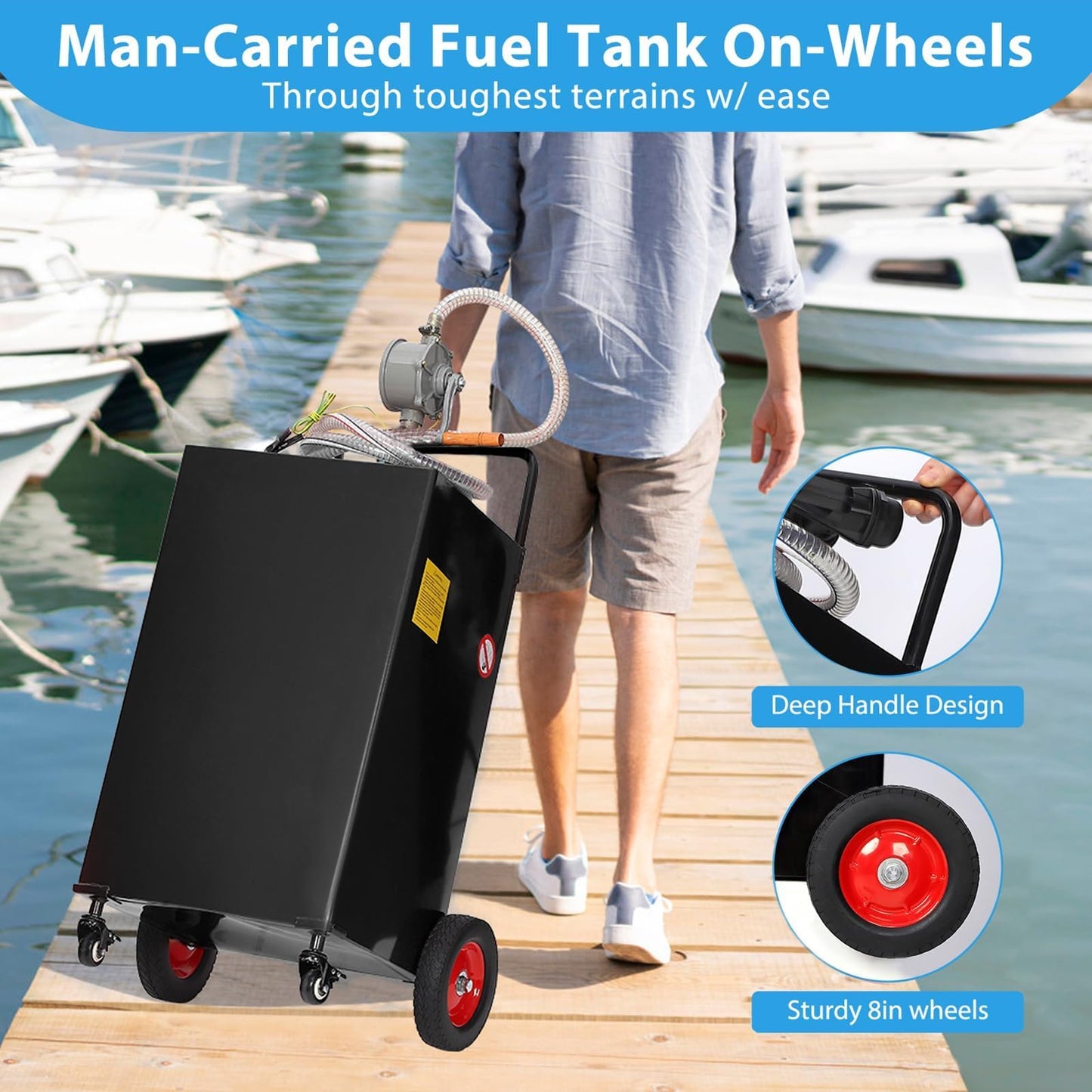 50 Gallon Fuel Caddy with Manual Pump - Heavy Duty Portable Gas & Diesel Transfer Tank on 4 Wheels, Spill-Proof Gasoline Can Container for Truck, Tractor, Boat, ATV, Farm Use, Black