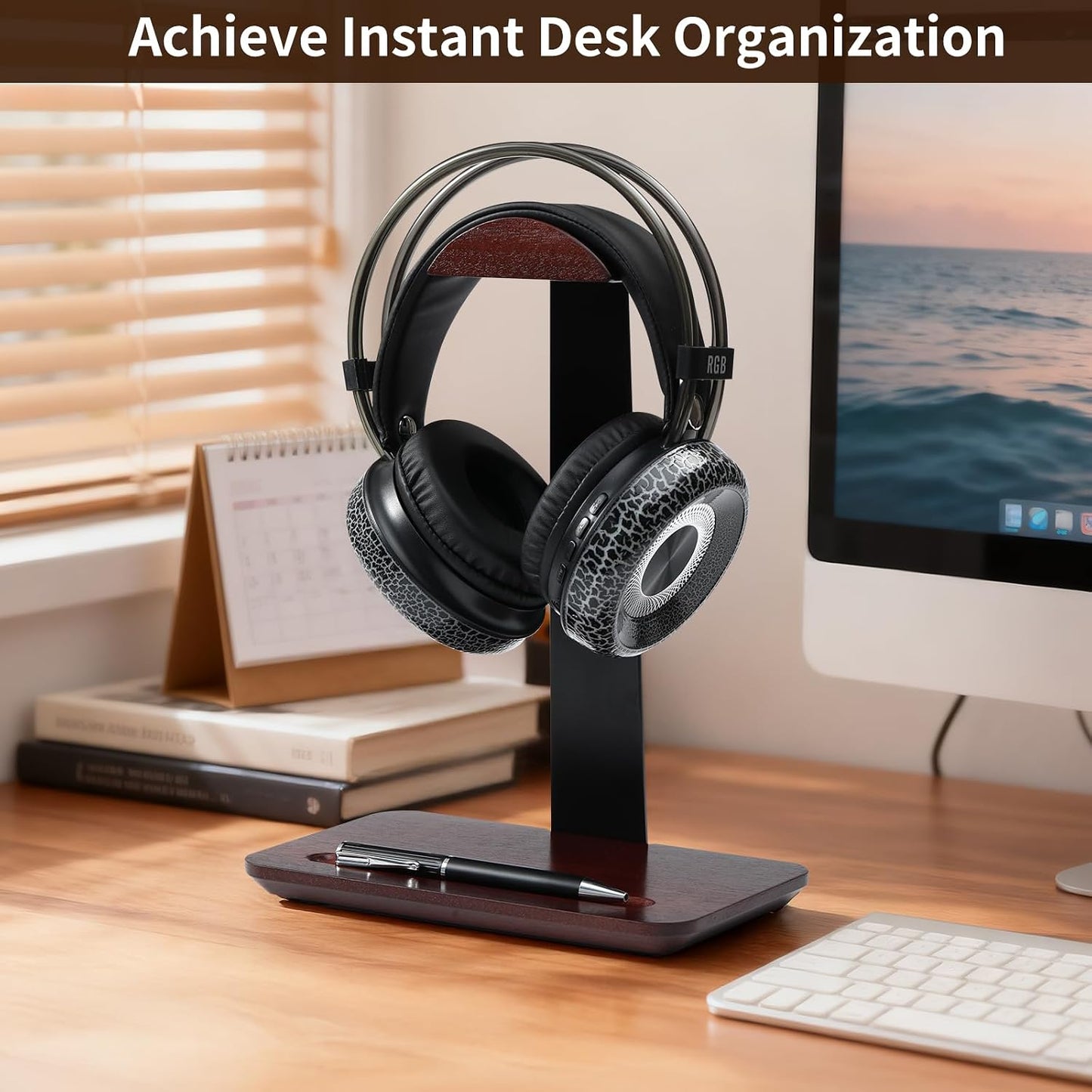 Vruelia Headset Walnut Wood Headphone Stand with Pen Holder - Desktop Wooden Headphone Stand, Solid Wood Holder