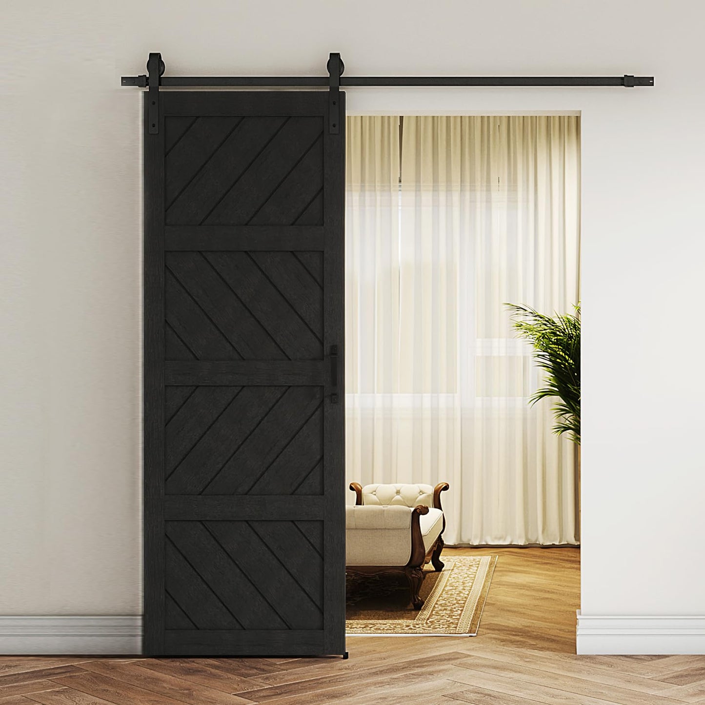 ARKHJEM Sliding Barn Door 30”x84”, Black Barn Doors with Modern Paneled Wave Design, Complete Barn Door Set, Waterproof PVC Surface, Assembly Required for Bedroom, Living Room, Closet, or Bathroom