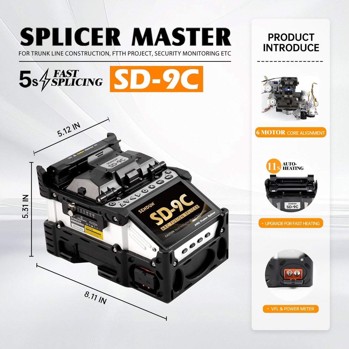 SENDUN Fiber Optic Fusion Splicer with OPM and VFL, Six Motor Core Alignment Fiber Splicer Machine with 7200 mAh Battery & 4.3-inch Touch Screen, Astonishing Fast 5s Splicing & 11s Auto-Heating, SD-9C