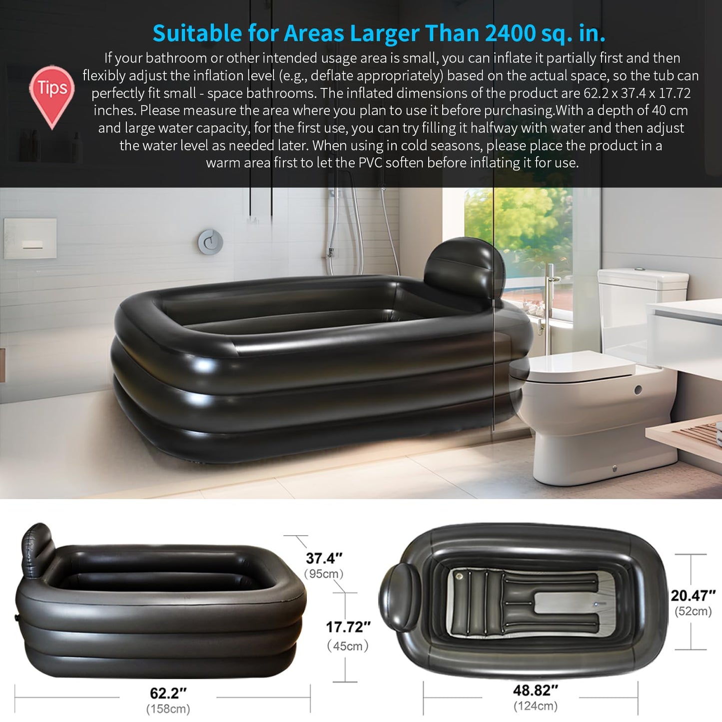 Nevife Inflatable Ice Bath Tub for Adults- Blow Up Bathtub with Cover&Comfort Floor,Foldable Tub for Shower, Spa, Ice Baths, Camping-Includes Hand Pump, XL (63x35.4x19.7 inches)