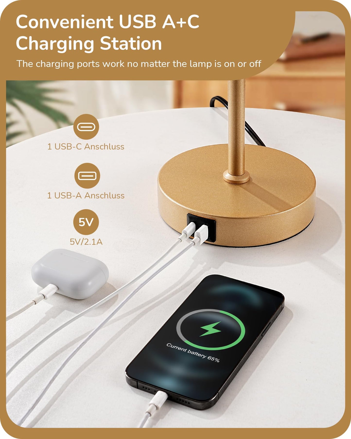 EDISHINE Glass Table Lamp - Touch Control, 3-Way Dimmable, USB C+A Ports, Striped Shade, Gold