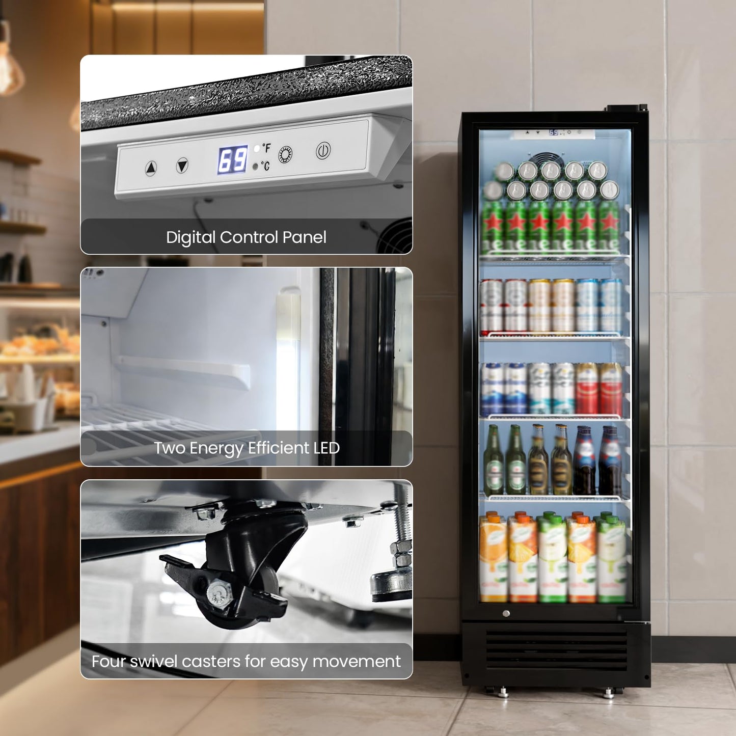Kismile 9 Cu.Ft Large Commercial Refrigerator, Beverage Refrigerator with Wheels, Lock & Key, Adjustable Shelves, Double-Tempered Glass Drink Fridge for Bar, Restaurant, Home or Outdoor
