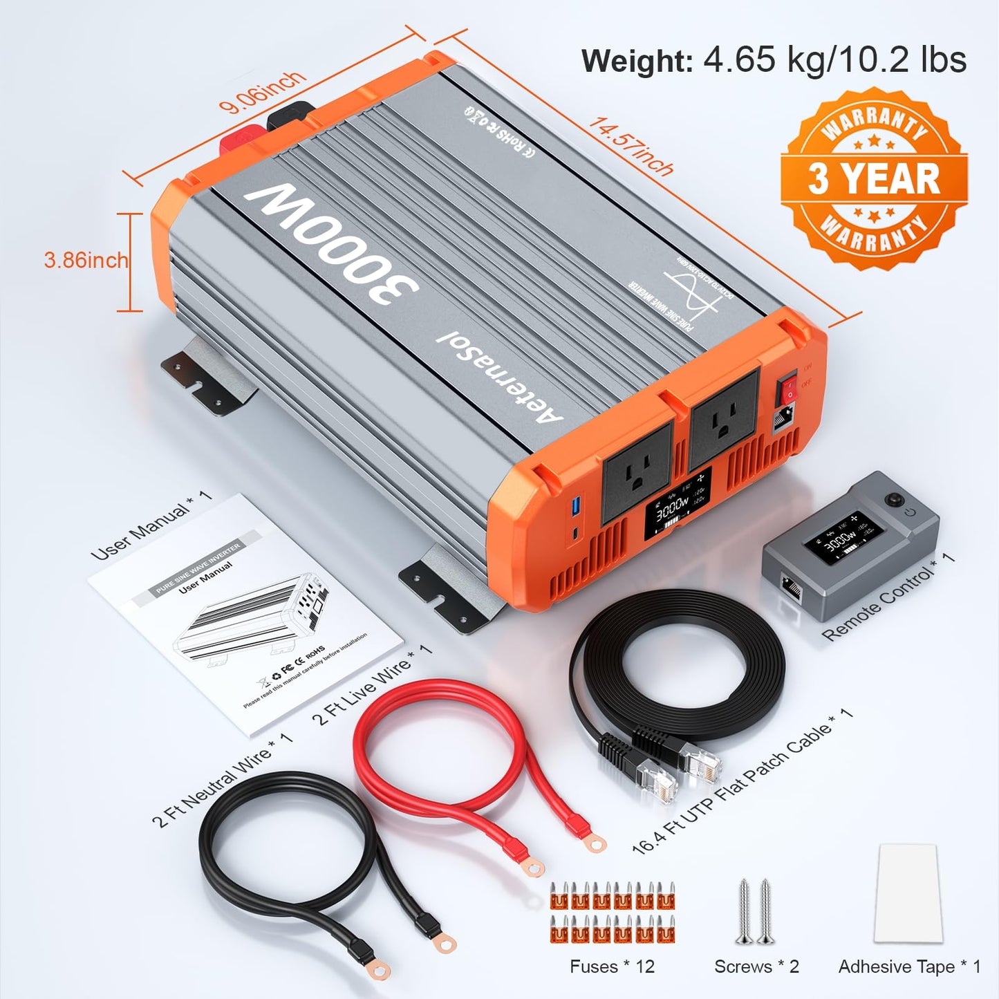 3000W Pure Sine Wave Inverter 12V DC to AC 110/120V, RV Inverter with Remote, Solar Battery Inverter 12V Inverter for Power Outage Off-grid Shed,2 Big AC Outlets,USB&USB-C 30W,2 LCD Screens,Surge6000W