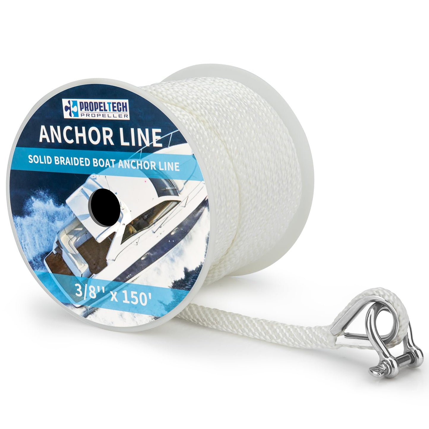 PropelTech Anchor Rope Braided Anchor Line(White, 3/8" x 150') Premium Solid Braid MFP Boat Rope with Stainless Steel Thimble & Shackle, Quality Marine Line, Boat Accessories