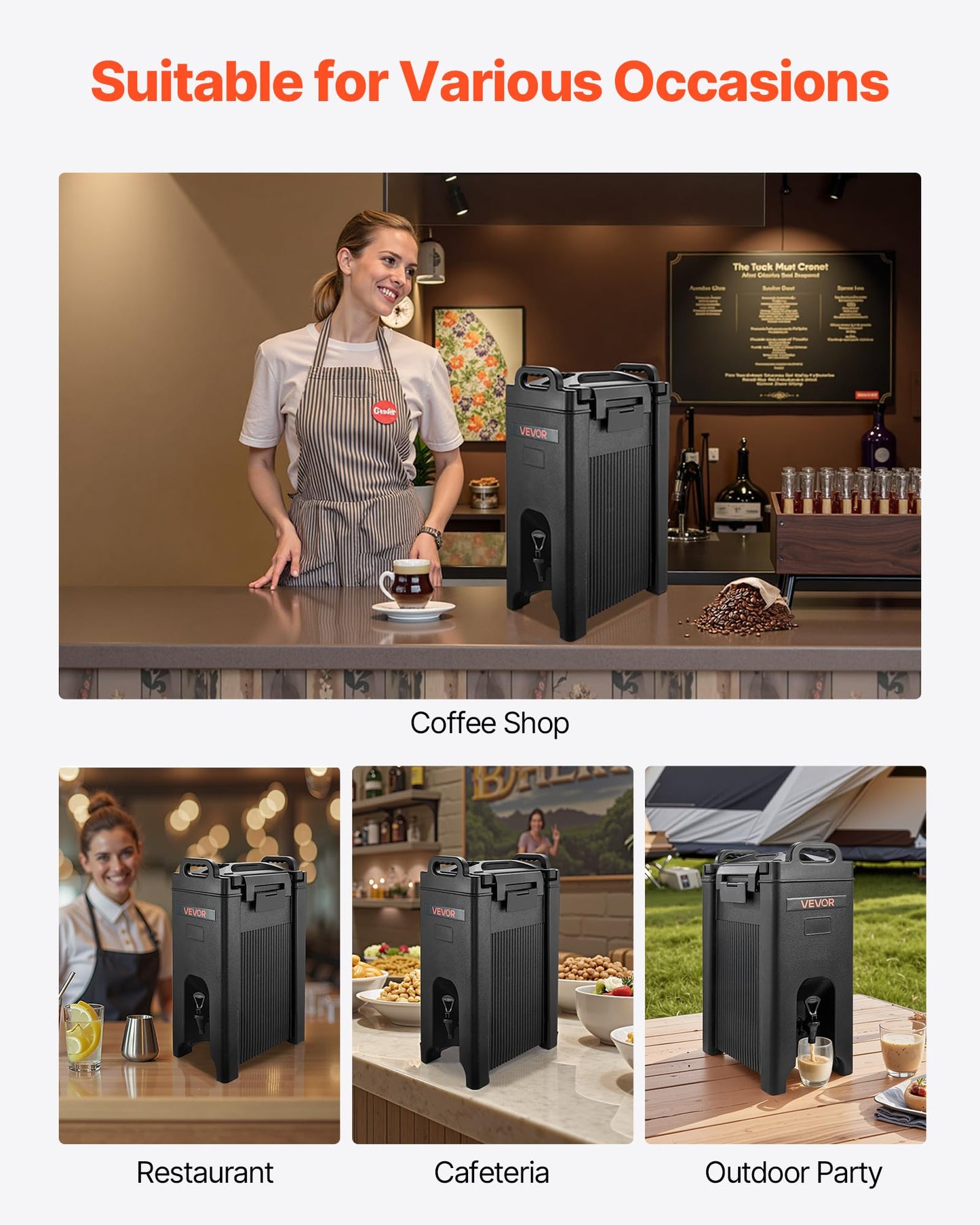 VEVOR Insulated Beverage Dispenser, 5 Gal/19L Hot and Cold Beverage Server with Spigot & Handle, Food-Grade Thermal Drink Dispenser Cooler for Tea Coffee Water in Cafes & Restaurants, 2 Pack, Black