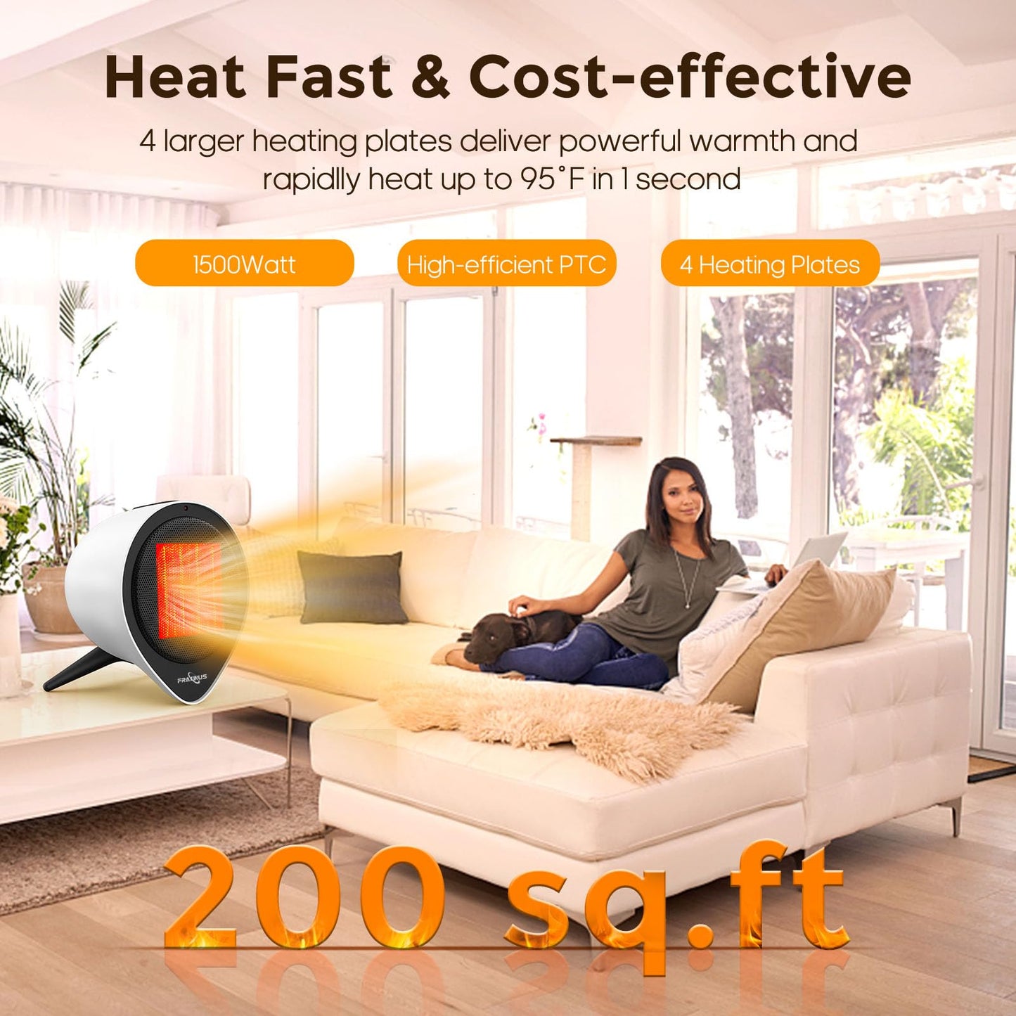Small Ceramic Heaters for Indoor Use, 1500W PTC Electric Heating with 15H Timer, Overheat and Tip-Over Protection, Safe and Quiet Heat Up 200 Square Feet for Desk, Office, Bedroom and Home. (White)