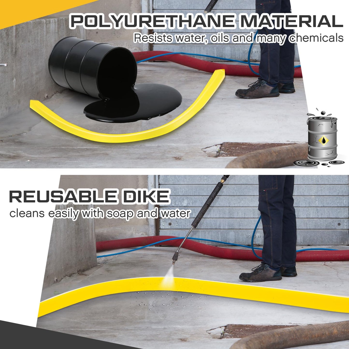 Pushglossy 2 Pcs Spill Barrier Dike 5'L x 2.6"W x 1.5"H Water Dam Barrier Liquid Blocker for Garage Home Floor Flooding Solutions(Yellow)