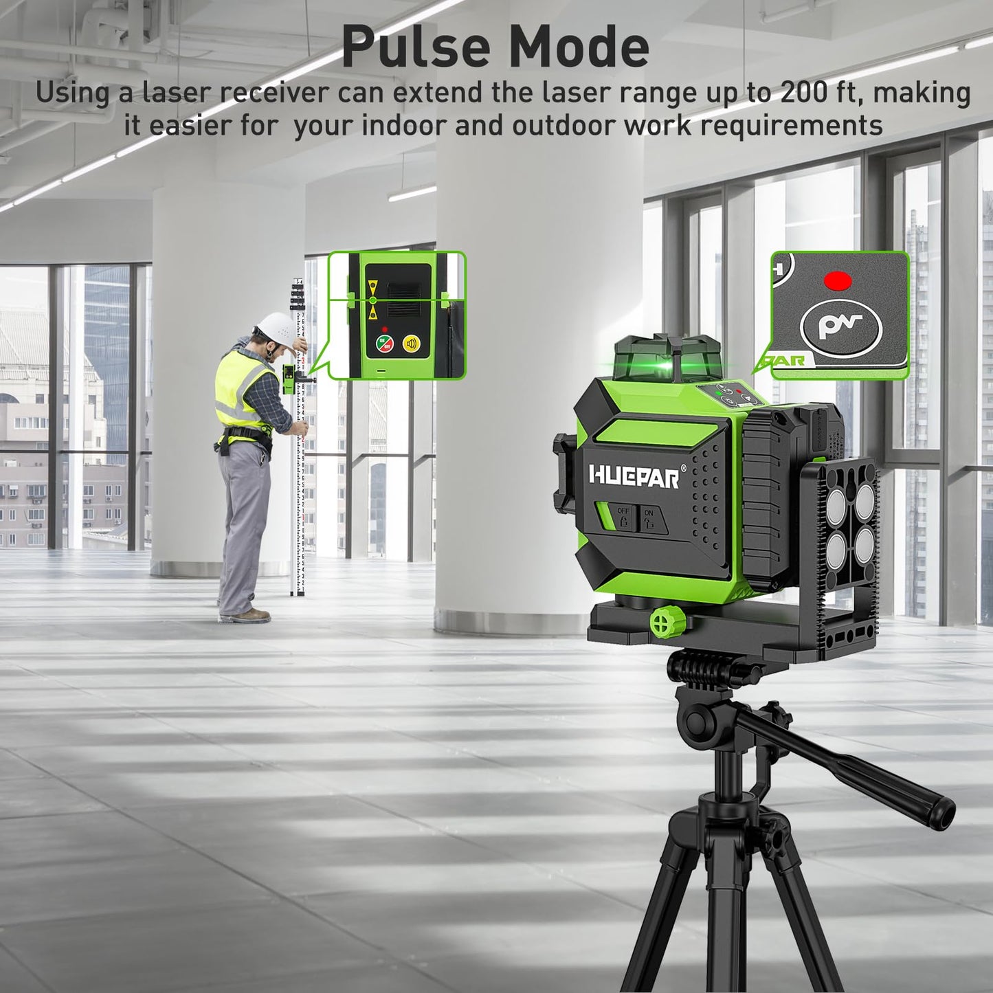 Huepar 360 Laser Level Self-Leveling Cross Line Laser Level 3D Green Beam 197Ft. Laser Tool 67.72" Lightweight Extendable Tripod, Li-ion Battery, Magnetic Base, Hard Carry Case-703CG&T16A