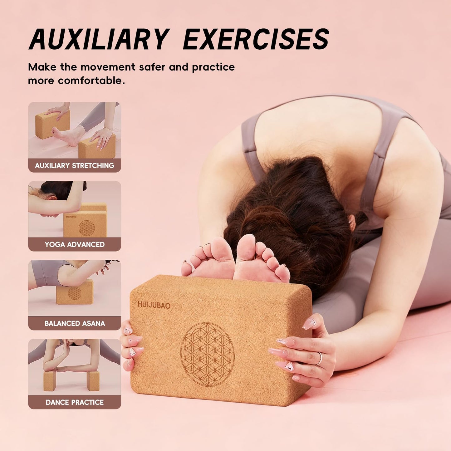 HUIJUBAO Cork Yoga Block, High Density Non-Slip Support Blocks for Balance, Dance, Pilates, Fitness Training (POI56, 9x6x3 in)