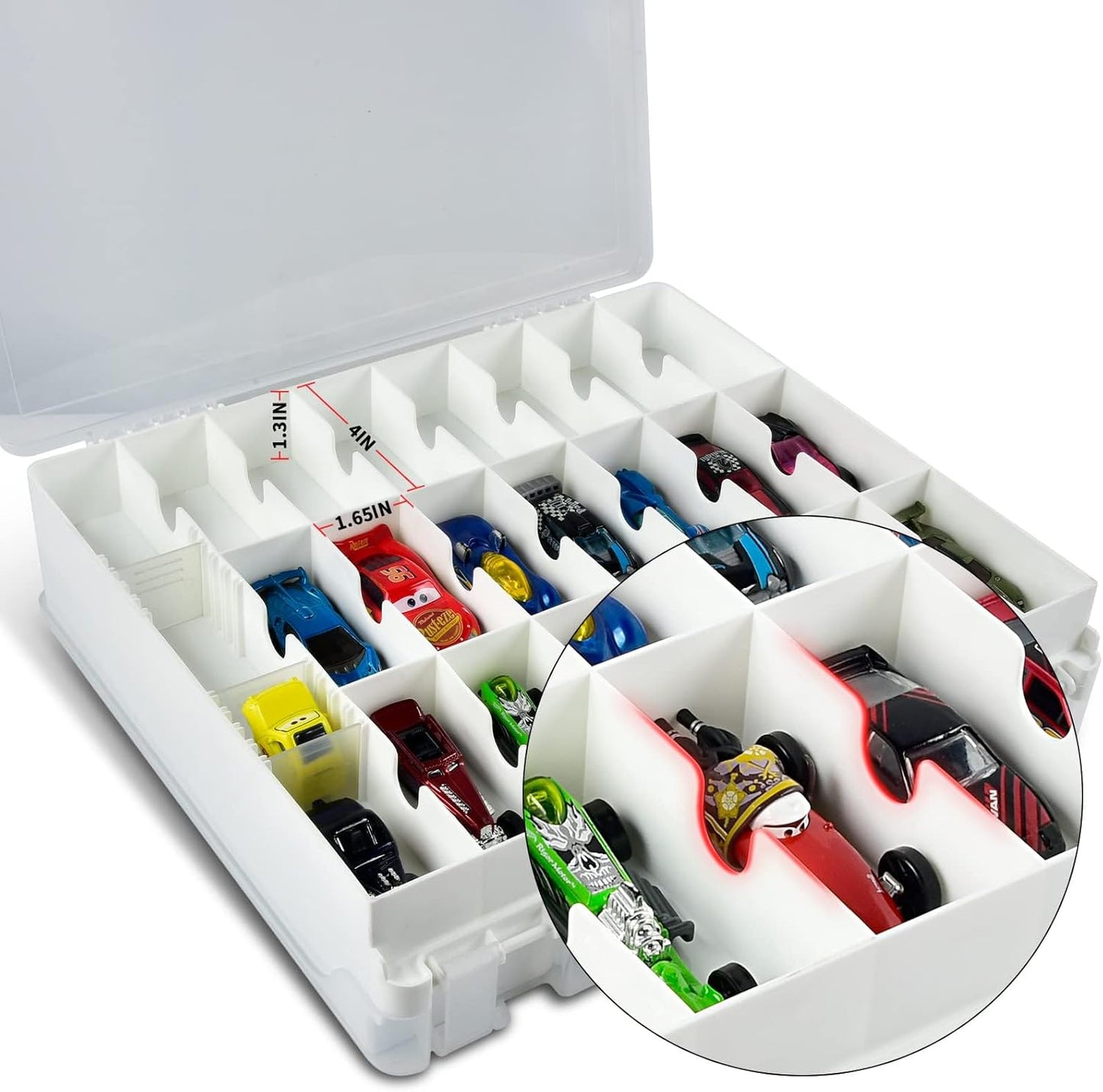 Toy Car Storage Organizer Case - Compatible with Hot Wheels & Matchbox Cars | 48 Compartment Double-Sided Holder - White