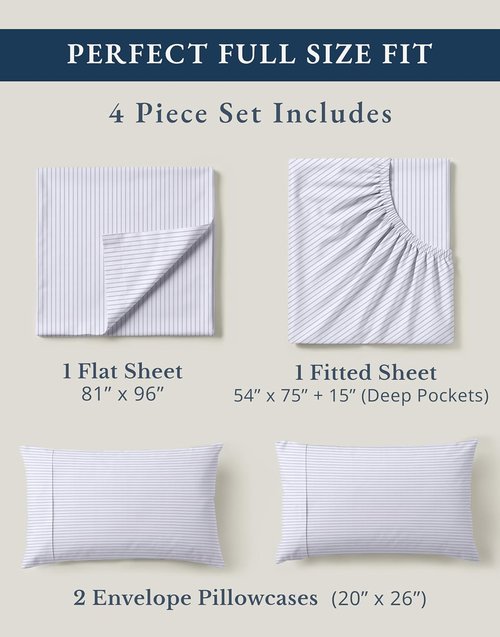 LANE LINEN 100% Organic Cotton Full Sheet Set - Soft, Fade Resistant & Naturally Cooling Bedding | Blue Ticking Stripe