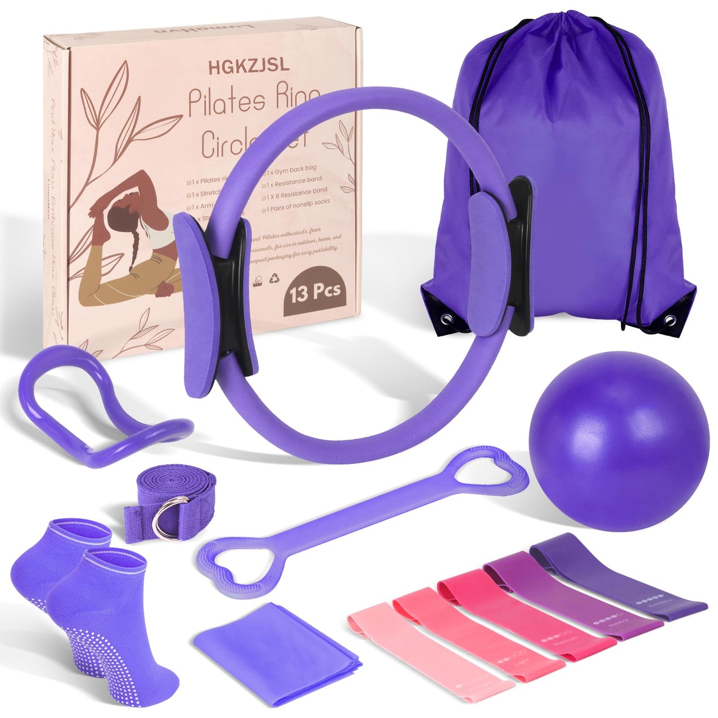 Pilates Kit for Women 13PCS, Pilates Ring and Ball Set with Magic Circle, Resistance Bands Set, Figure 8 Band, Yoga Ring & Grip Socks, Home Workout Equipment Essentials Starter Kit for Beginners