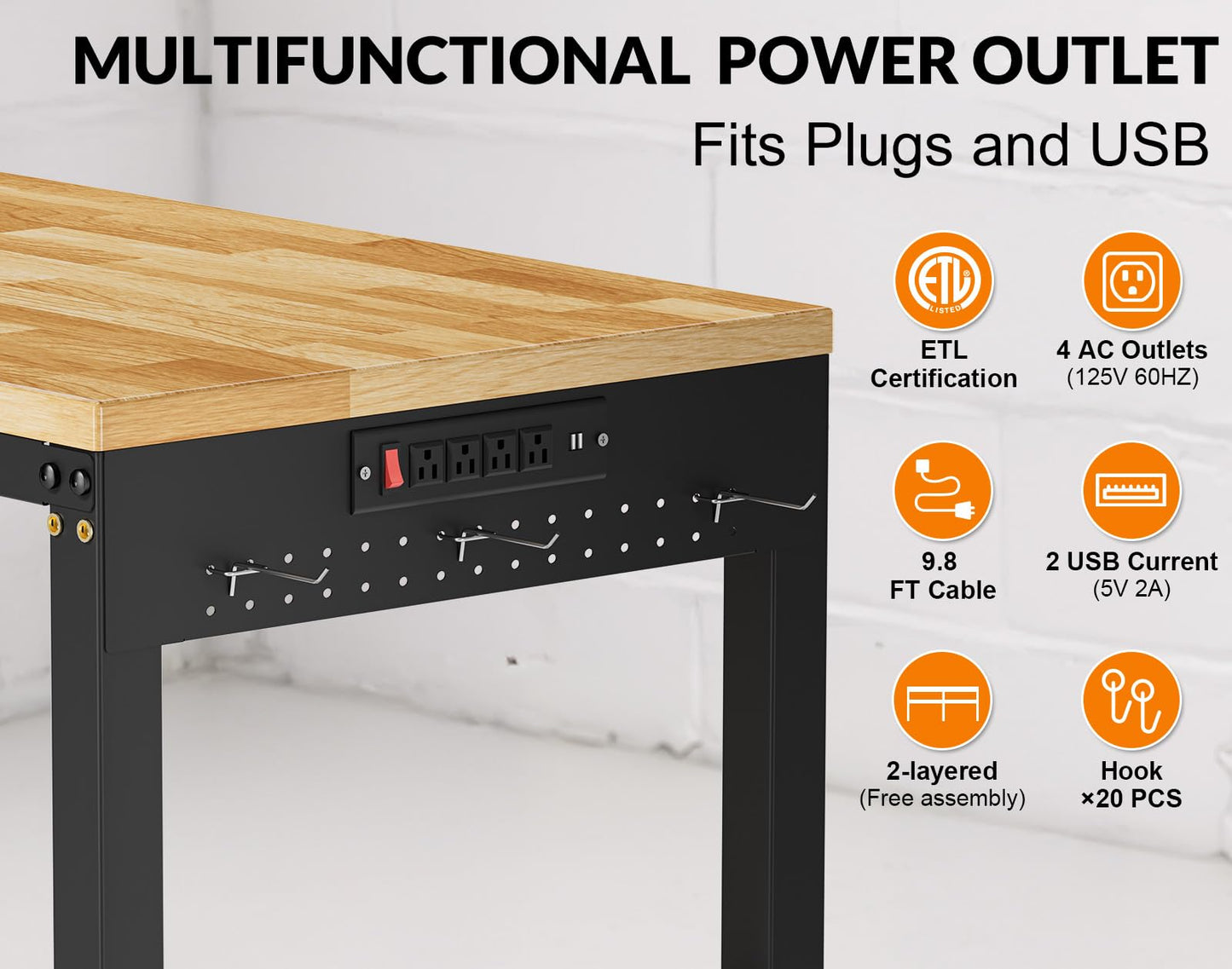 MUWOOD 96” Heavy Duty Work Bench, 2-Layer Adjustable Workbench, 5000 LBS Capacity Work Bench with Power Outlet & Pegboard, Rubber Wood Work Table for Garage, Workshop, Office, Home