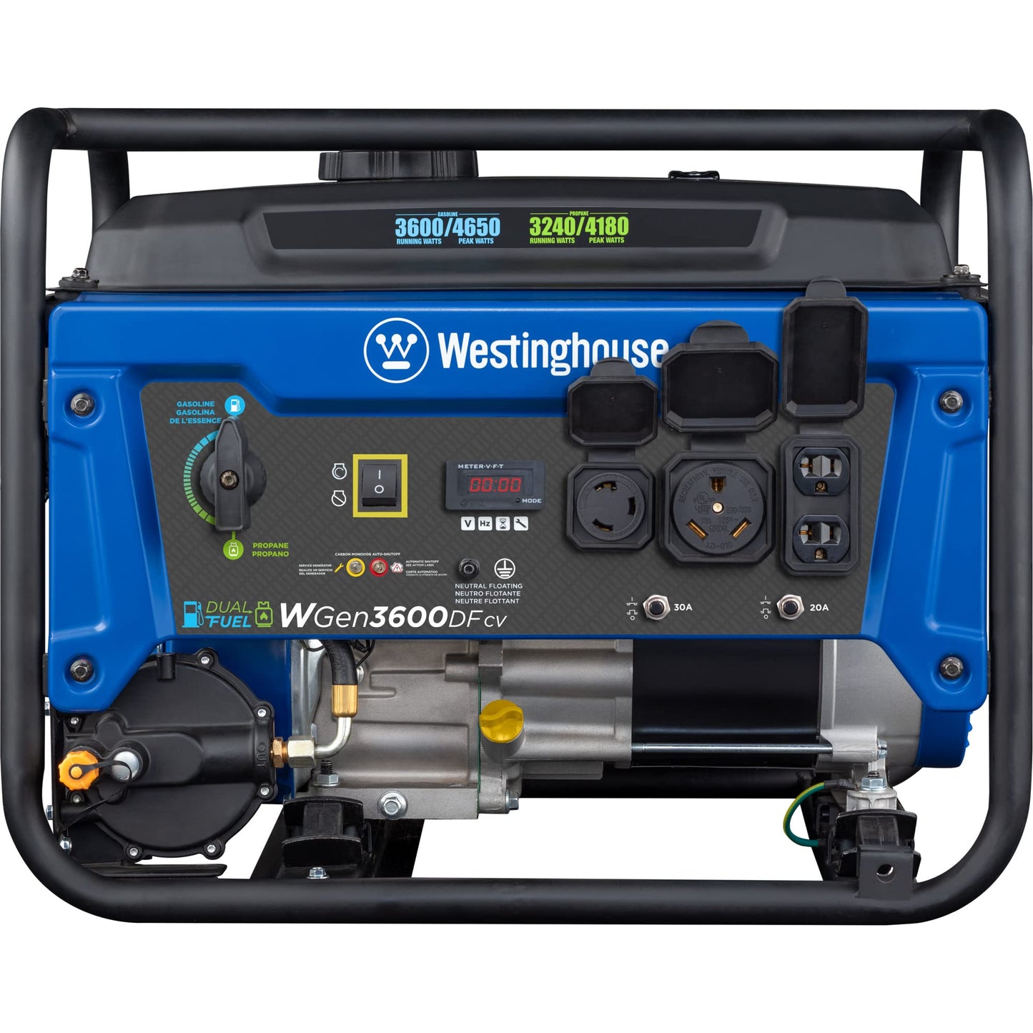 Westinghouse 4650 Peak Watt Dual Fuel Portable Generator, RV Ready 30A Outlet, Gas & Propane Powered, CO Sensor