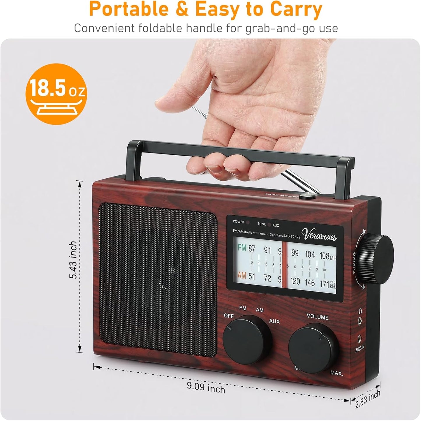 Veravoxes Portable AM/FM Radio with Bass Control, Equipped with a Built-in high-Power Speaker, Headphone Jack, and AUX