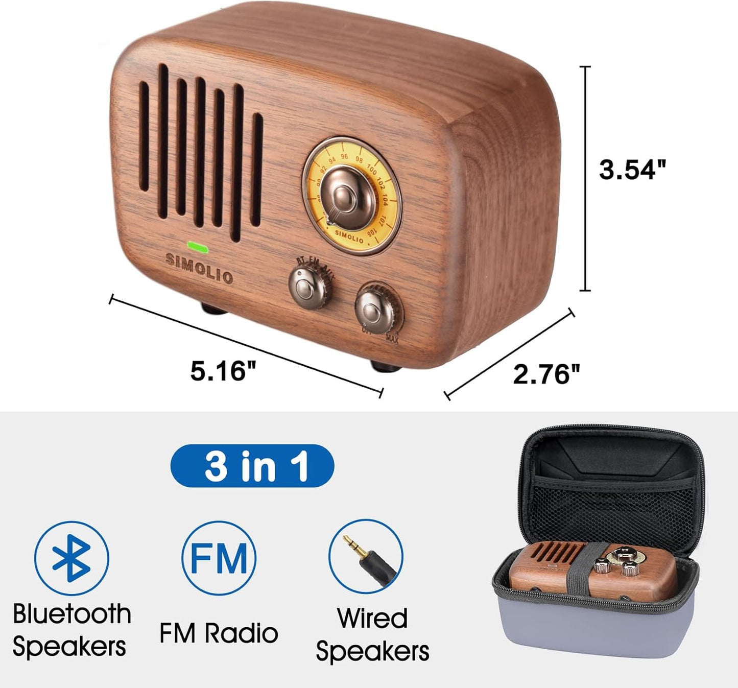 SIMOLIO Retro Bluetooth Speakers with Loud HD Sound, Nature Black Walnut Vintage Style Wooden Speaker with FM Radio