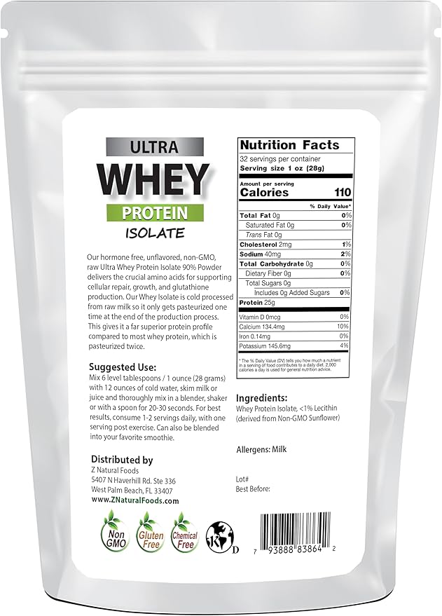 Z Natural Foods Ultra Whey Protein Isolate Powder - Pure, Unflavored, Unsweetened Whey Protein Powder - Flavorless Whey Isolate with Vital Proteins for Fitness, Sports Nutrition, Immune Support, 2 lbs