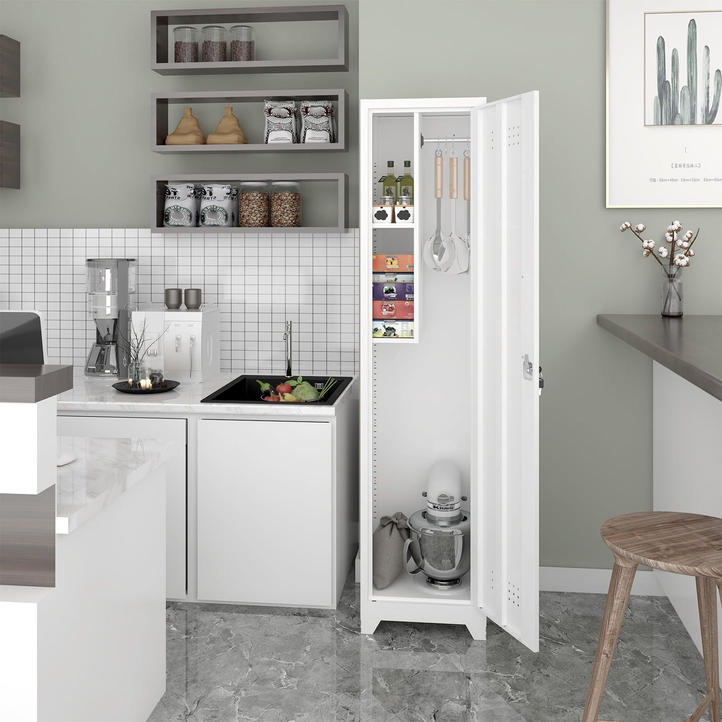 GEDELITE Metal Garage Storage Cabinet,Broom Closet Storage Cabinet,Utility Closet Cabinet for Broom,Garage,Kichen,White