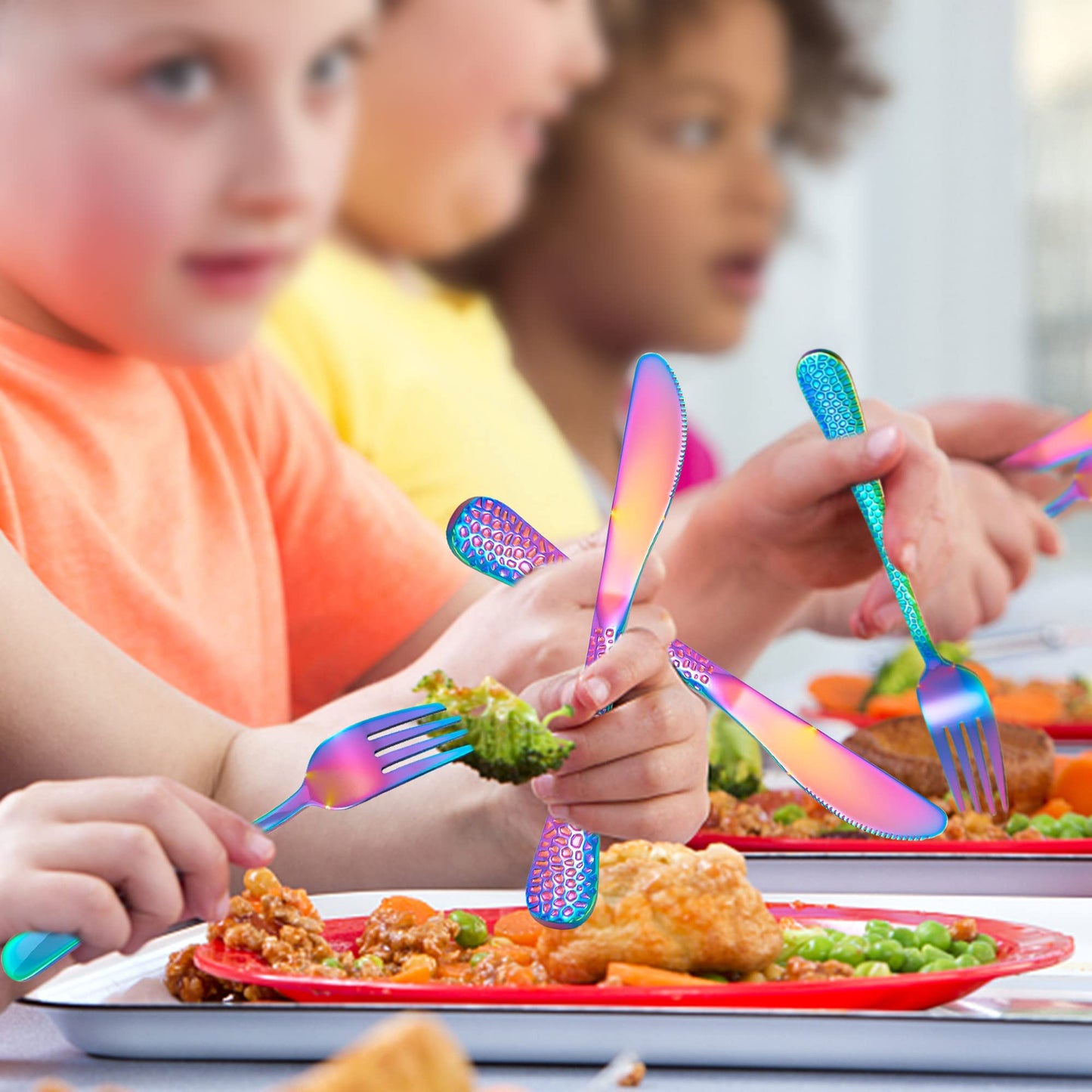 LIANYU 12-Piece Rainbow Kids Silverware Set, Stainless Steel Toddler Utensils, Hammered Preschooler Metal Flatware Cutlery Set, Children Tableware Includes Knives Forks Spoons, Dishwasher Safe